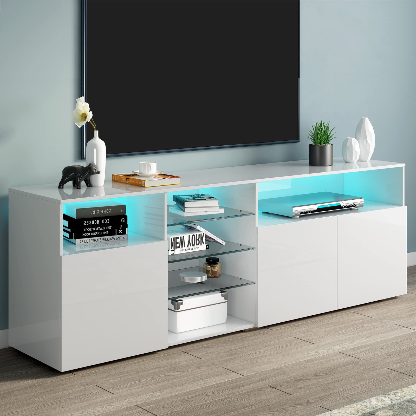 Modern White LED TV Stand for 70 Inch TVs - Wood Media Storage Cabinet with Glossy Finish & Ambient Lighting - Perfect for Living Room, Bedroom, Gaming Setup & Home Entertainment Center