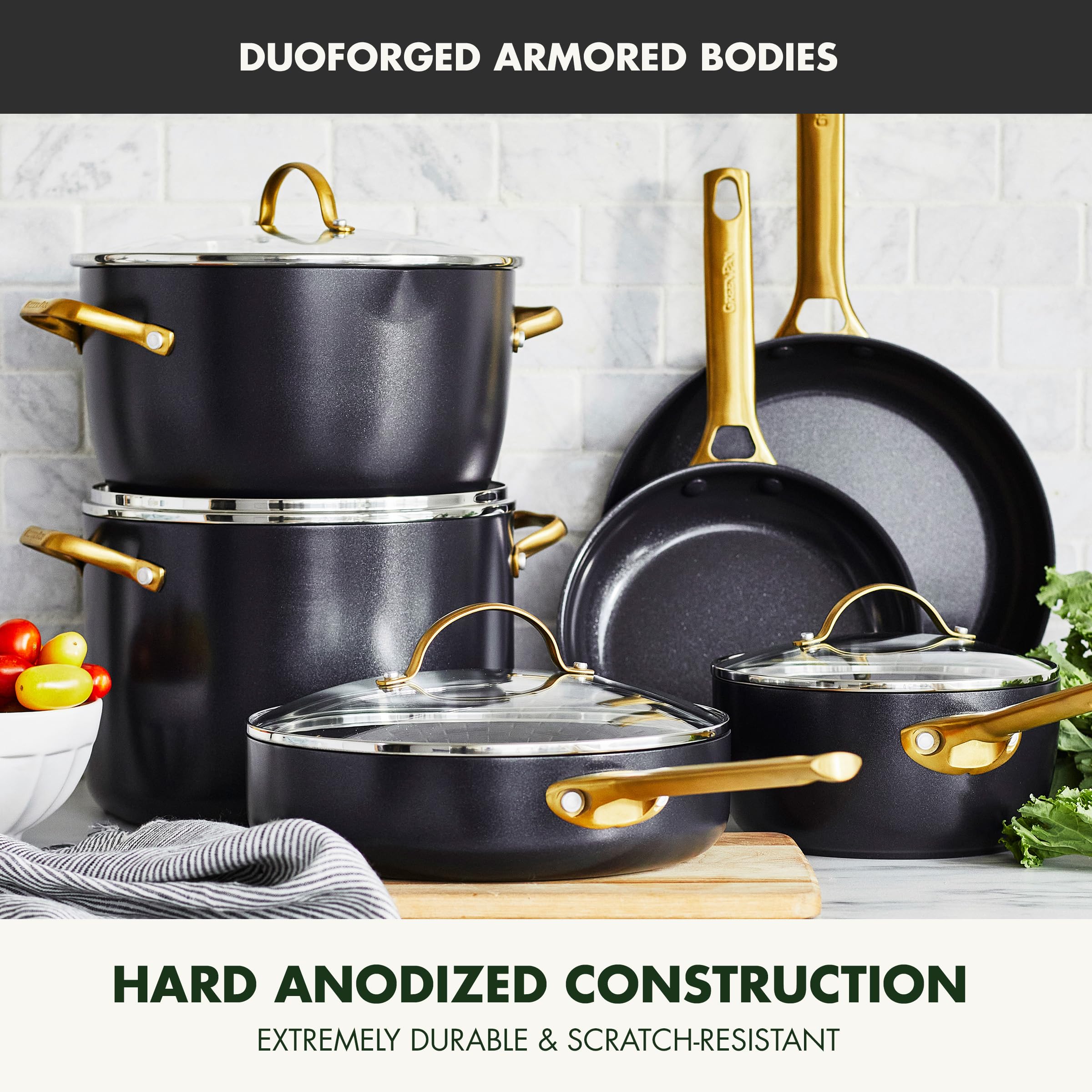 GreenPan Reserve Hard Anodized Healthy Ceramic Nonstick 10-Piece Cookware Set with Gold-Tone Stainless Steel Handles - PFAS & PFOA-Free, Dishwasher, Oven & Broiler Safe - Perfect for Everyday Cooking, Family Meals & Professional Chefs