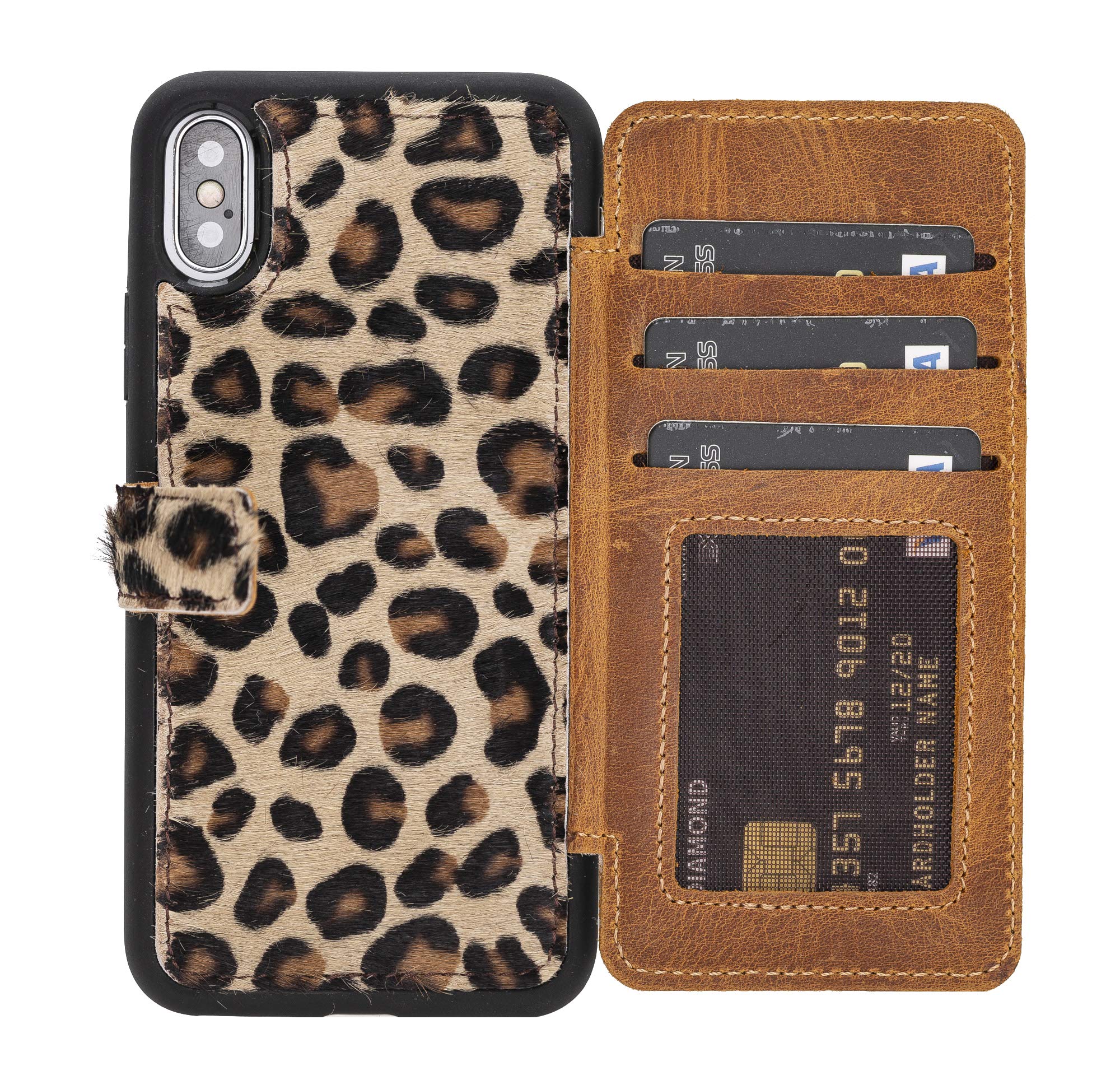 Venito Verona Genuine Leather iPhone X/XS (5.8 inch) Wallet Case with RFID Blocking - Slim Flip Cover with Card Slots - Faux Fur Leopard Print Design - Perfect for Everyday Use & Travel Protection