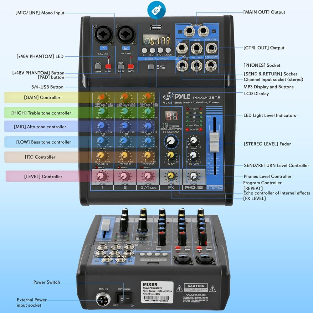 Pyle Professional 4-Channel Audio Mixer Sound Board with USB, Bluetooth, MP3 Input, 48V Phantom Power & 16-Bit DSP Processor - Ideal for DJ Studio, Live Streaming & Music Production - PMXU43BT.5