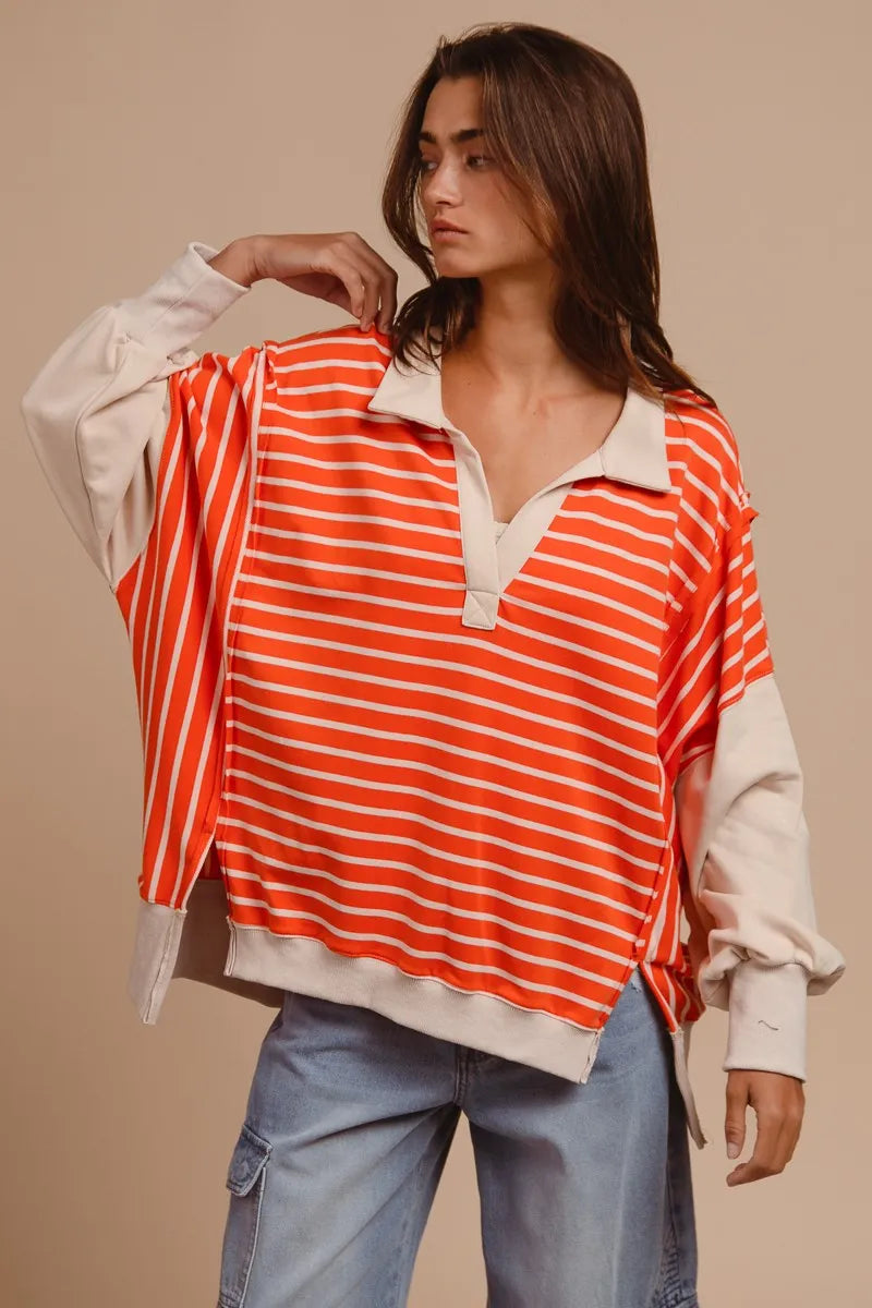 BiBi Stripe Knit Loose Fit T-Shirt with Cut Edge Detail - Casual Women's Top for Everyday Wear, Outings & Layering