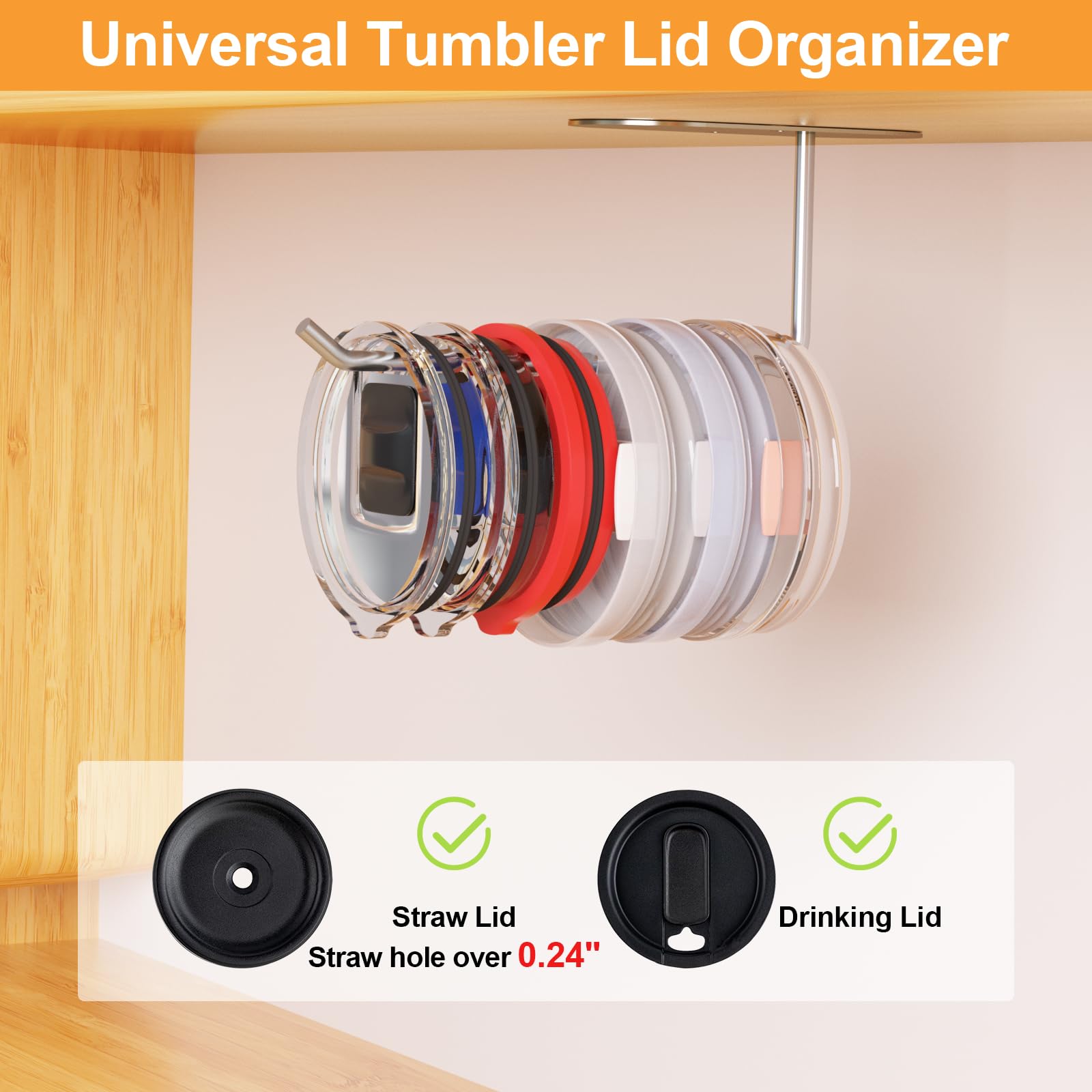 Space Saving Cup Lid Organizer Hook - Self-Adhesive or Drilling Tumbler Lid Storage for Yeti, Stanley & Simple Modern Tumblers - Perfect for Kitchen Cabinet, RV & Office Organization