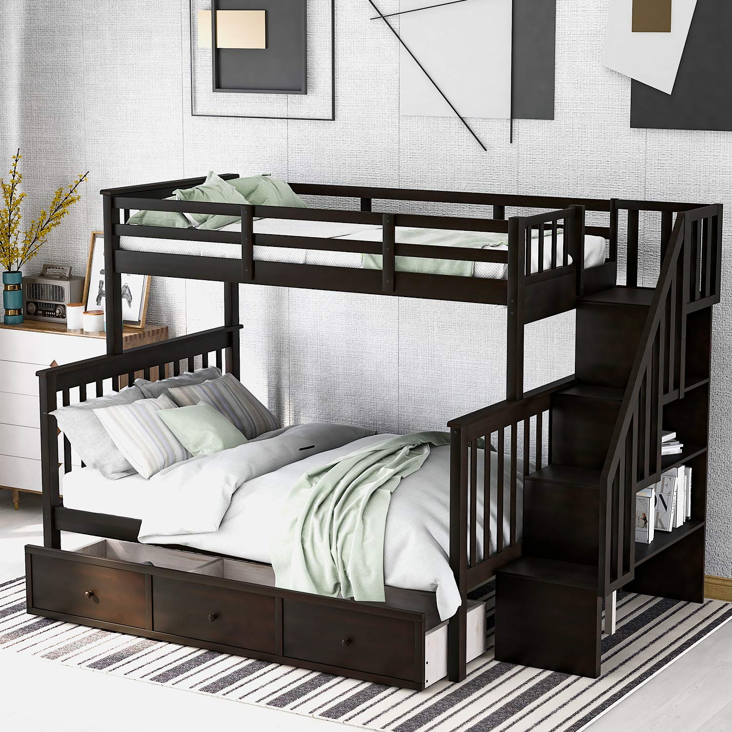 P PURLOVE Twin-Over-Full Bunk Bed with Drawer & Side Storage - Sturdy Wood Bunk Bed for Kids & Adults - Perfect for Small Bedrooms, Dorm Rooms & Space-Saving Solutions