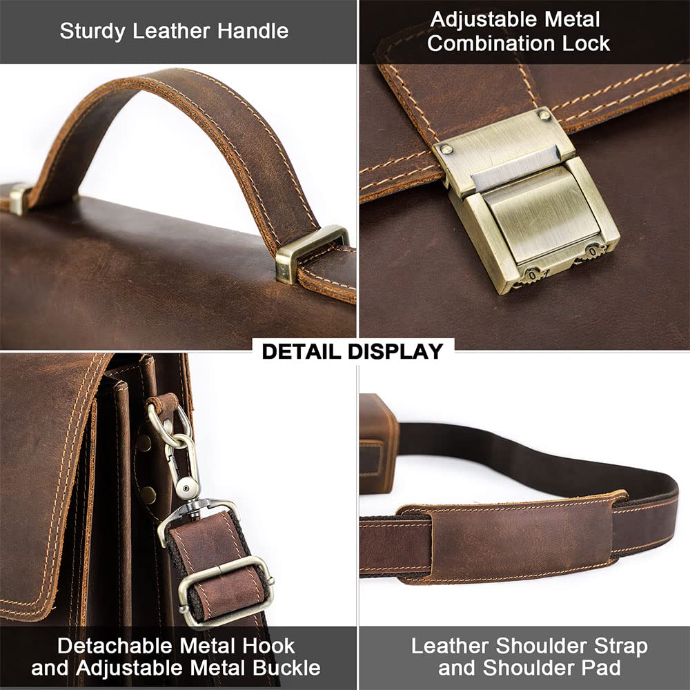 Premium Full Grain Leather Messenger Bag for Men - Secure Lock Briefcase, Travel & Crossbody Shoulder Bag - Ideal for Business, Commuting & Daily Use