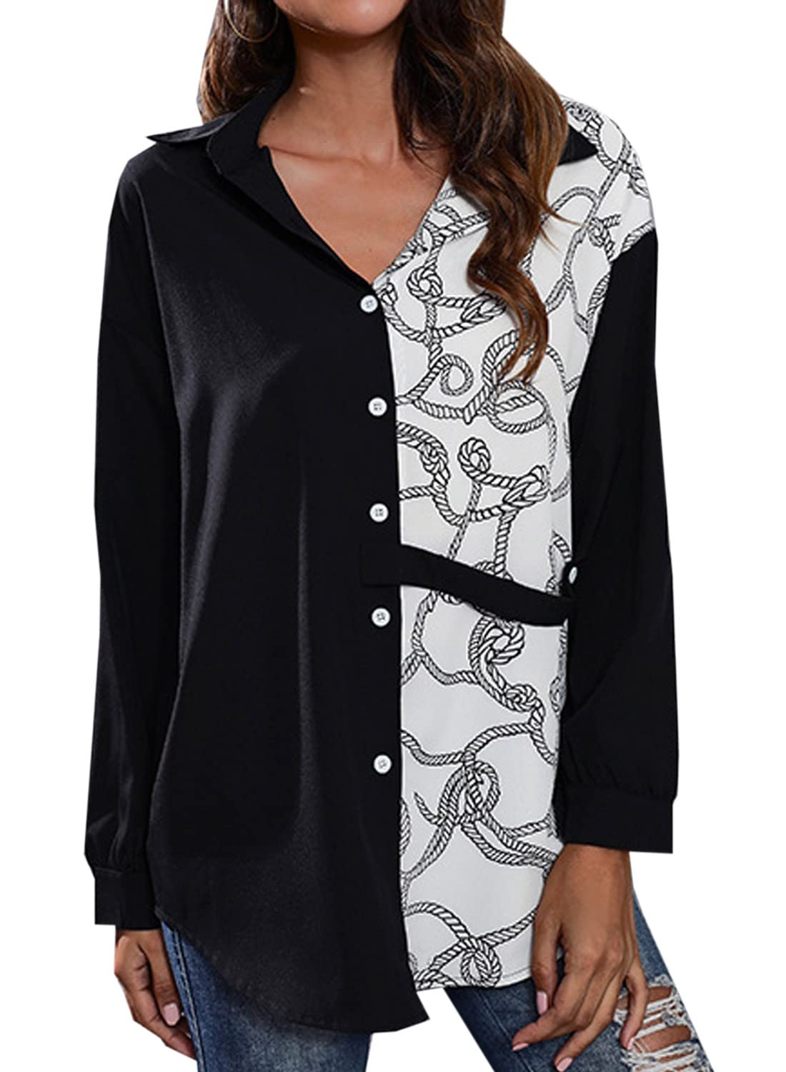 Futurino Women's Long Sleeve Button Down Shirt - Trendy Point Collar Blouse with Chain Chess Print, Casual V-Neck Top for Work, Office & Everyday Wear