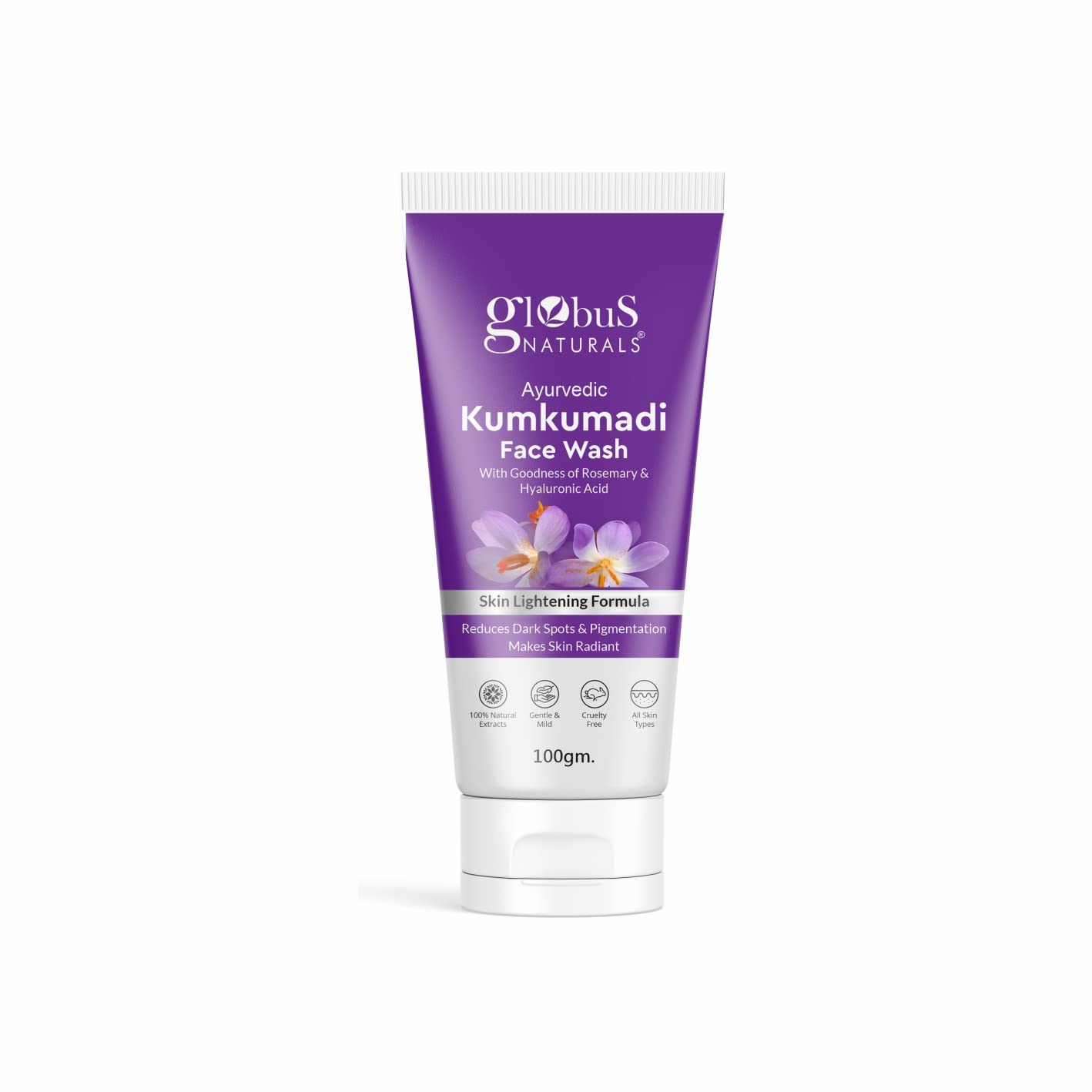 Globus Naturals Ayurvedic Kumkumadi Skin Lightening Face Wash with Hyaluronic Acid & Rosemary - Chemical Free, Cruelty Free, for All Skin Types - 100ml - Brightening & Hydrating Facial Cleanser for Daily Skincare Routine