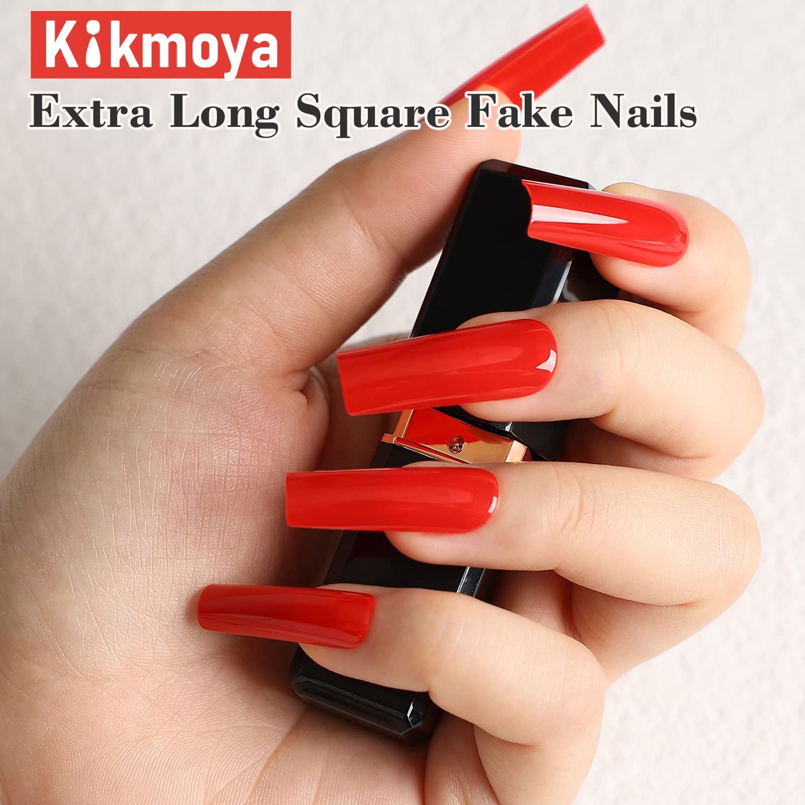 Kikmoya Extra Long Square Press on Nails - Glossy Red Fake Nails, Full Cover False Nail Tips, Acrylic Stick on Nails for Women - Perfect for Parties, Weddings, and Everyday Manicure