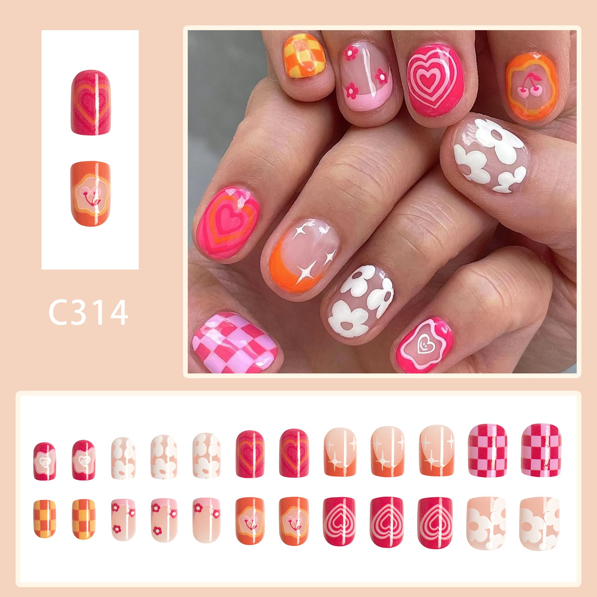 Short Square Press on Nails - Pink French Tips with Rainbow Flower Heart Lattice Design - 24pcs Acrylic Artificial Fake Nails - Perfect for Parties, Weddings, and Daily Wear