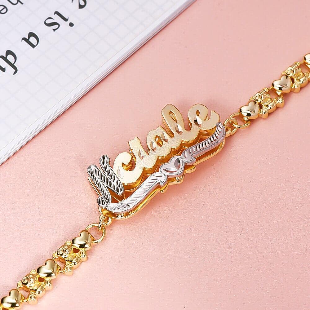BlingSparkle Personalized Name Bracelet for Women - 18K Gold Plated Charm Cuff Bracelet with Custom Heart Nameplate (Any Words) | Trendy Jewelry Gift for Teen Girls & Best Friends | Perfect for Birthdays, Anniversaries & Special Occasions