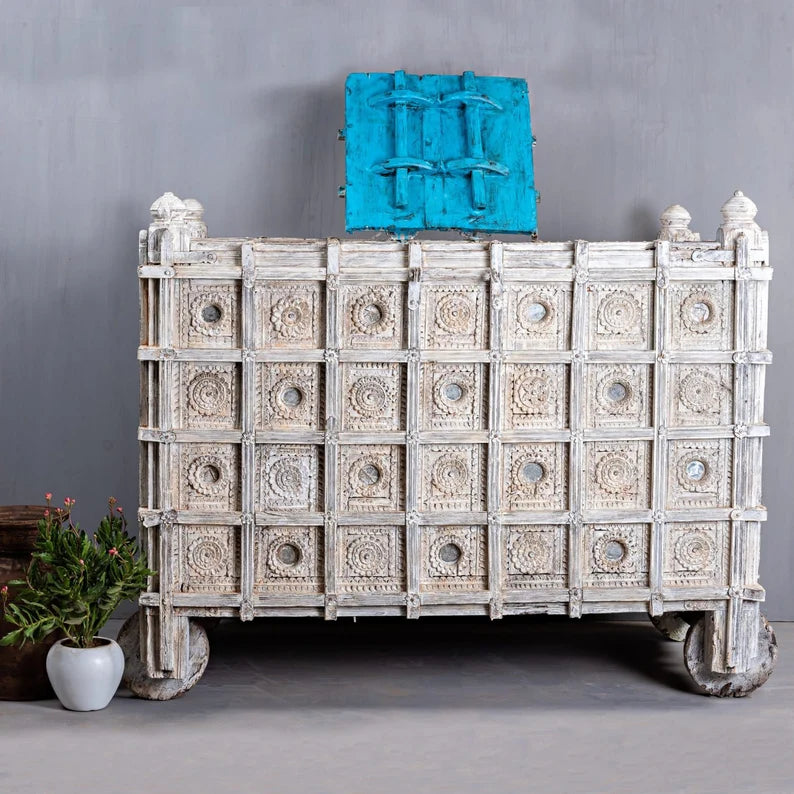 Hand Carved Antique Solid Wood Damchiya Trunk Box - 41.3x19.3x15.7 Inches - Vintage Storage Chest for Home Décor, Blanket Storage & Travel Luggage