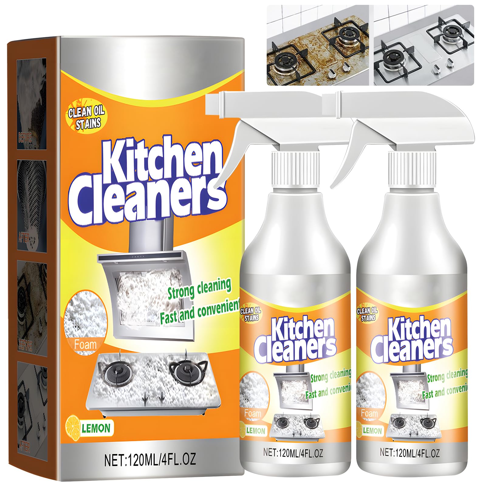 2-Pack Kitchen Foam Cleaner for Stubborn Stains - All-Purpose Cookware Cleaner for Pots, Pans & Range Hoods - Powerful Grease & Grime Remover Spray (4 Fl.oz/120ml) - Ideal for Deep Cleaning Stovetops, Ovens & Kitchen Surfaces