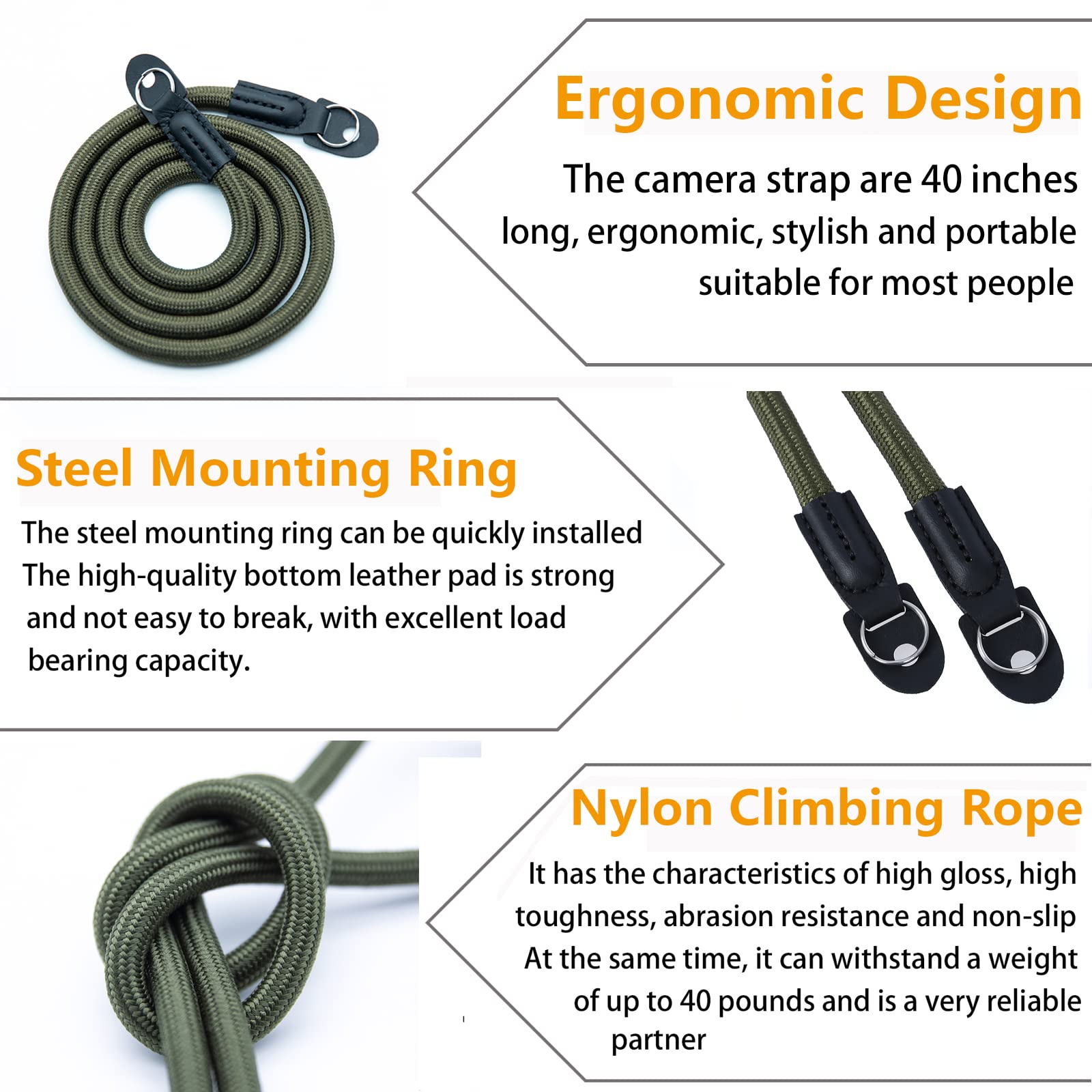 Durable Climbing Rope Camera Shoulder Strap for DSLR & Mirrorless Cameras - Adjustable Neck Strap with Lens Cap Keeper (Green) - Perfect for Travel, Hiking & Outdoor Photography