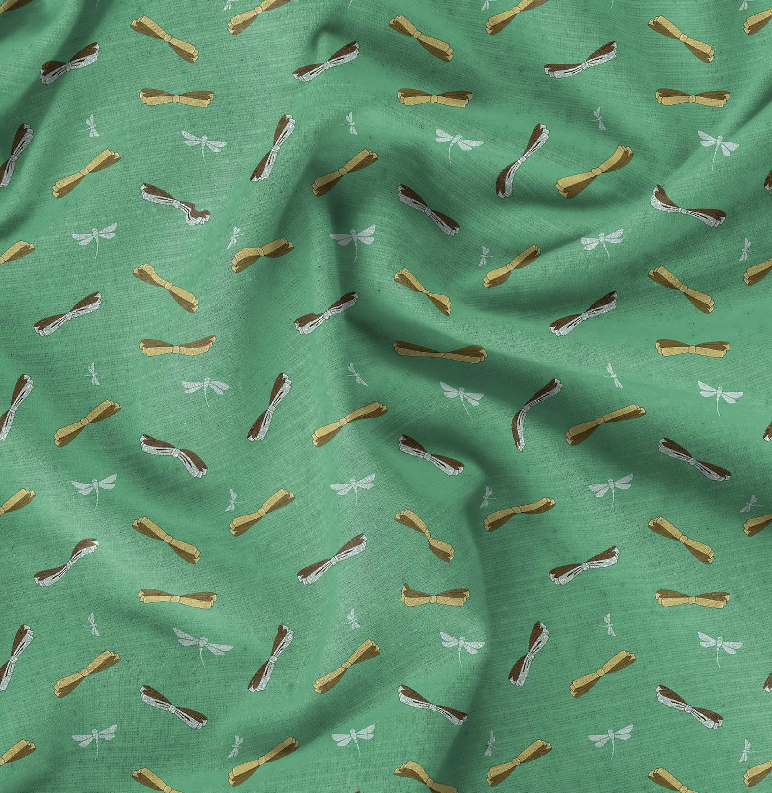 Soimoi Moss Green Georgette Fabric by The Yard - 42 Inch Wide - Bow & Dragonfly Printed Textile for Fashionable Creations - Whimsical Chic Dressmaking & DIY Crafting Material - Perfect for Dresses, Scarves, Home Decor & Sewing Projects