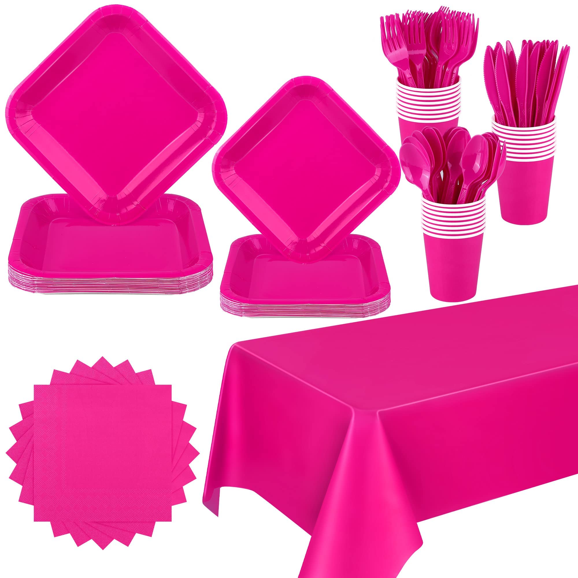 ADXCO 193-Piece Hot Pink Party Supplies Set - Disposable Paper Plates, Cups, Napkins, Plastic Tablecloth & Utensils (Forks, Spoons, Knives) for Birthday Parties, Baby Showers, Bridal Showers & Wedding Receptions - Waterproof & Durable Table Decorations