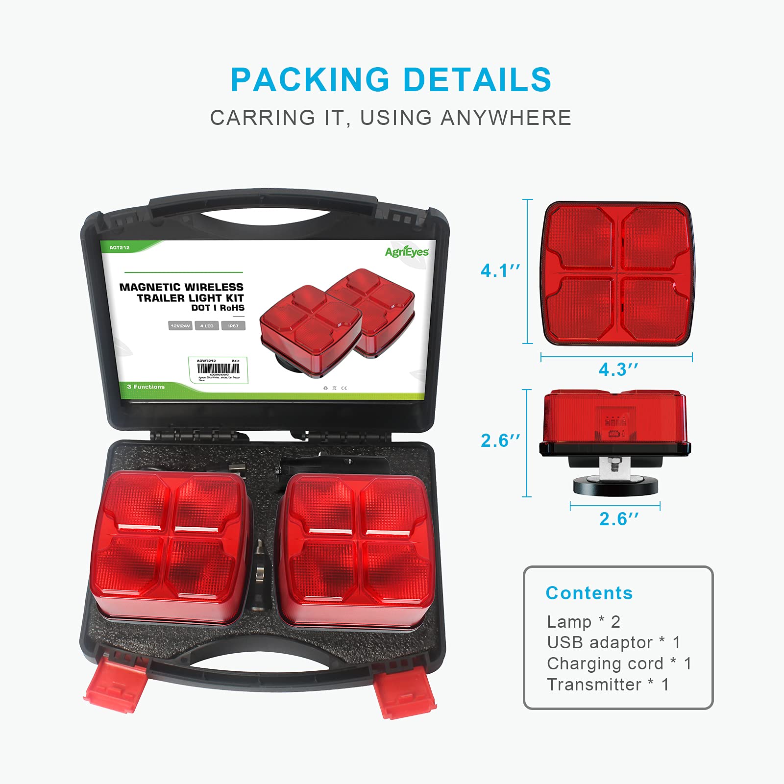 Agrieyes Wireless Trailer Lights Kit - Rechargeable LED Tow Lights with Super Magnets, 7-Way to 4-Way Transmitter for Towing Trucks, Boat Trailers, Caravans, Campers & RVs - Perfect for Night Towing, Road Trips & Outdoor Adventures