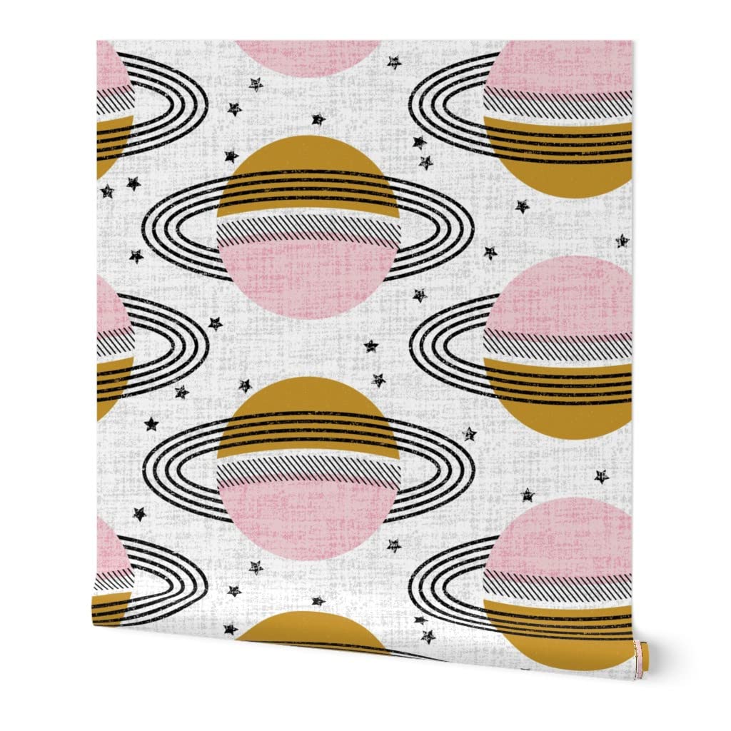 Self-Adhesive Removable Wallpaper - 9ft x 2ft Space Planets Design, Mid-Century Modern Peel & Stick Wallpaper for Bedroom, Nursery, Office Decor | Spoonflower