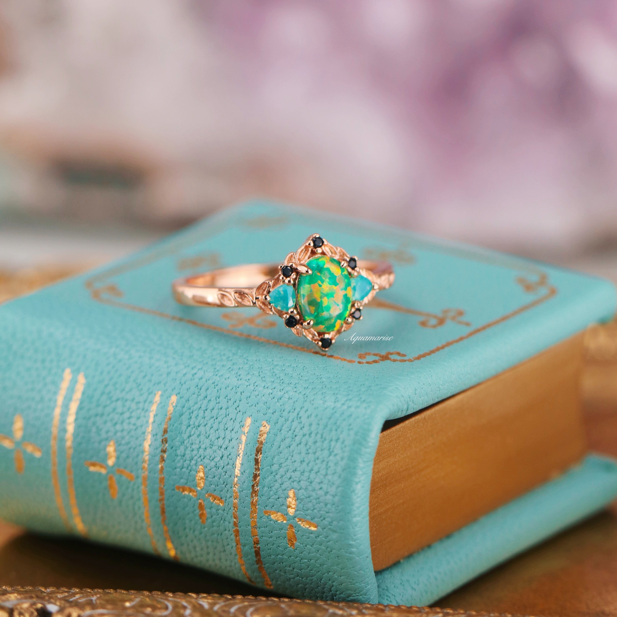 14K Rose Gold Vermeil Green Fire Opal & Opalescent Sapphire Leaf Ring - Elegant Nature-Inspired Jewelry for Women, Perfect for Weddings, Parties & Special Occasions