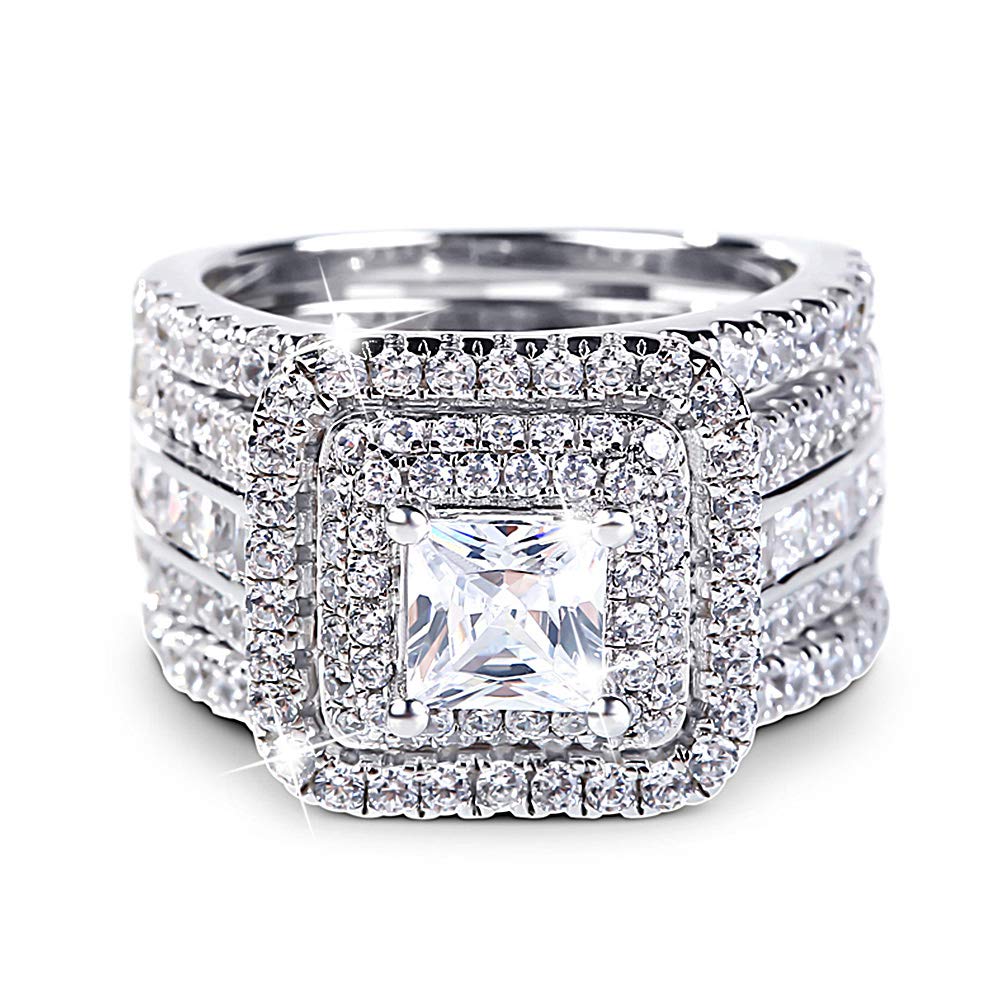 Jeulia 3-Piece Enhancer Ring Set for Women - 925 Sterling Silver Princess Cut Cubic Zirconia Halo Solitaire Rings - Engagement, Wedding & Anniversary Promise Rings for Her with Jewelry Box - Perfect for Proposals, Bridal Sets & Romantic Gifts