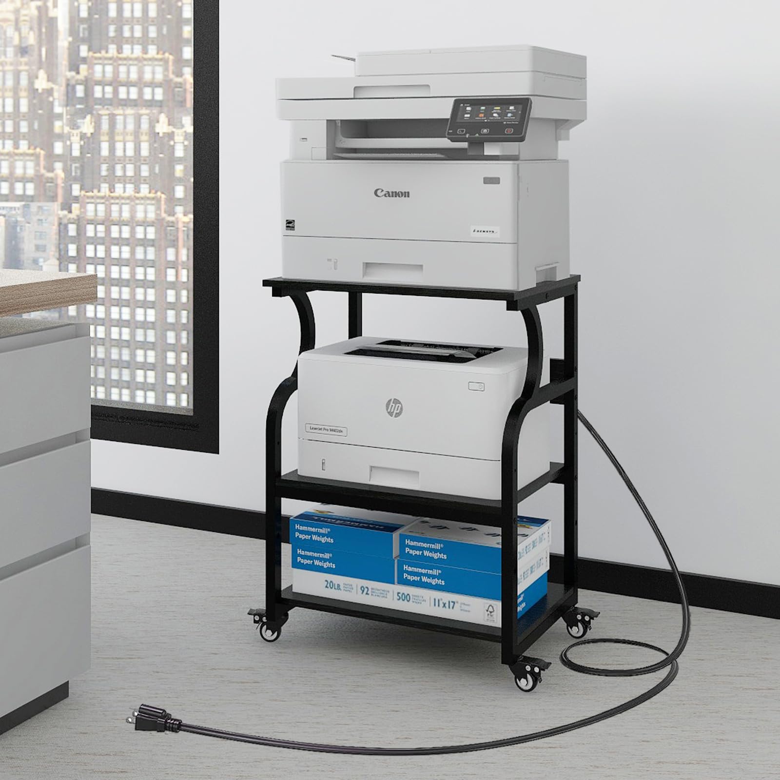 Natwind Large Printer Stand - 24''x20''x29'' Adjustable Storage Shelf Rolling Cart with Wheels, 3-Tier Multifunctional Shelves for Heat Press & 3D Printer, Home Office Organization (Black) - Perfect for Craft Rooms, Printing Workshops & Small Business Spaces
