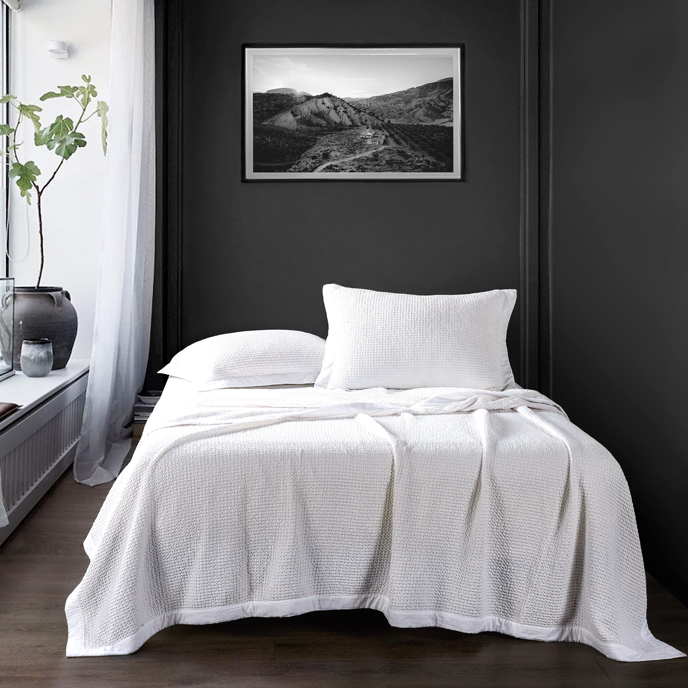 Premium Stonewashed Cotton Waffle Weave Coverlet - Super Queen Size White Solid Blanket | Soft, Lightweight & Breathable Bedding for All Seasons | Perfect for Guest Rooms, Master Bedrooms & Cozy Nights