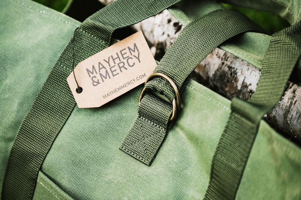 MAYHEM & MERCY Waxed Canvas Tote Bag - Durable Firewood Carrier for Camping & Fireplace - Hunter Green Wood Log Storage Bag - Perfect for Outdoor Adventures, Fireplace Use & Home Decor