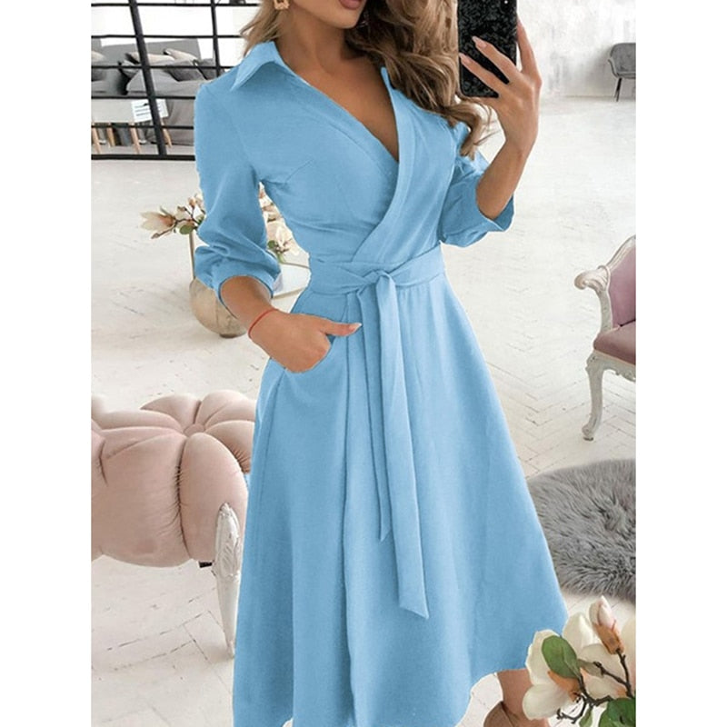 Women's Long Sleeve Casual Dress with Pockets - Comfortable Everyday Wear for Work, Outings & Date Nights