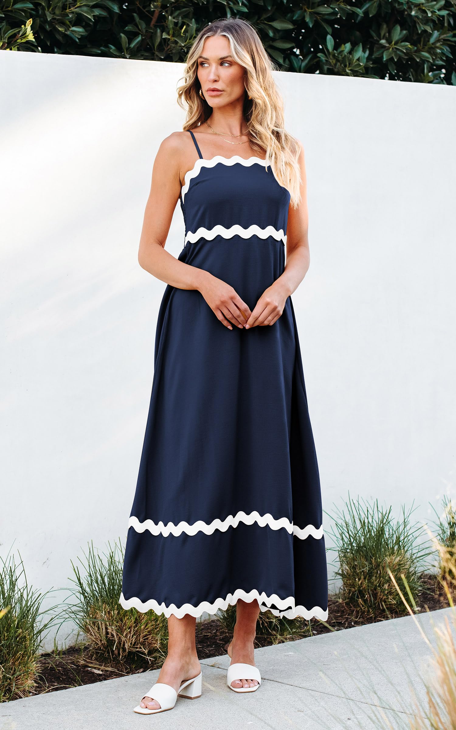 Angashion Women's Summer Maxi Dress - Casual Spaghetti Strap Backless Flowy Long Beach Sundress with RIC Rac Trim | Perfect for Beach Vacations, Pool Parties and Summer Outings