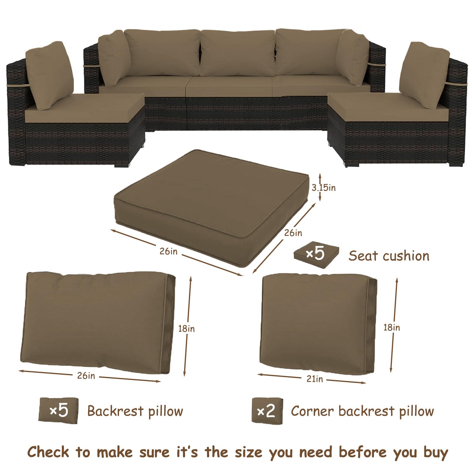 Waterproof Outdoor Sectional Couch Cushion Covers - 12 Piece Khaki Replacement Slipcovers with Zipper for Rattan Garden Furniture | Patio, Deck & Backyard Furniture Protection | Weather-Resistant Square Cushion Covers for Sectional Sofas