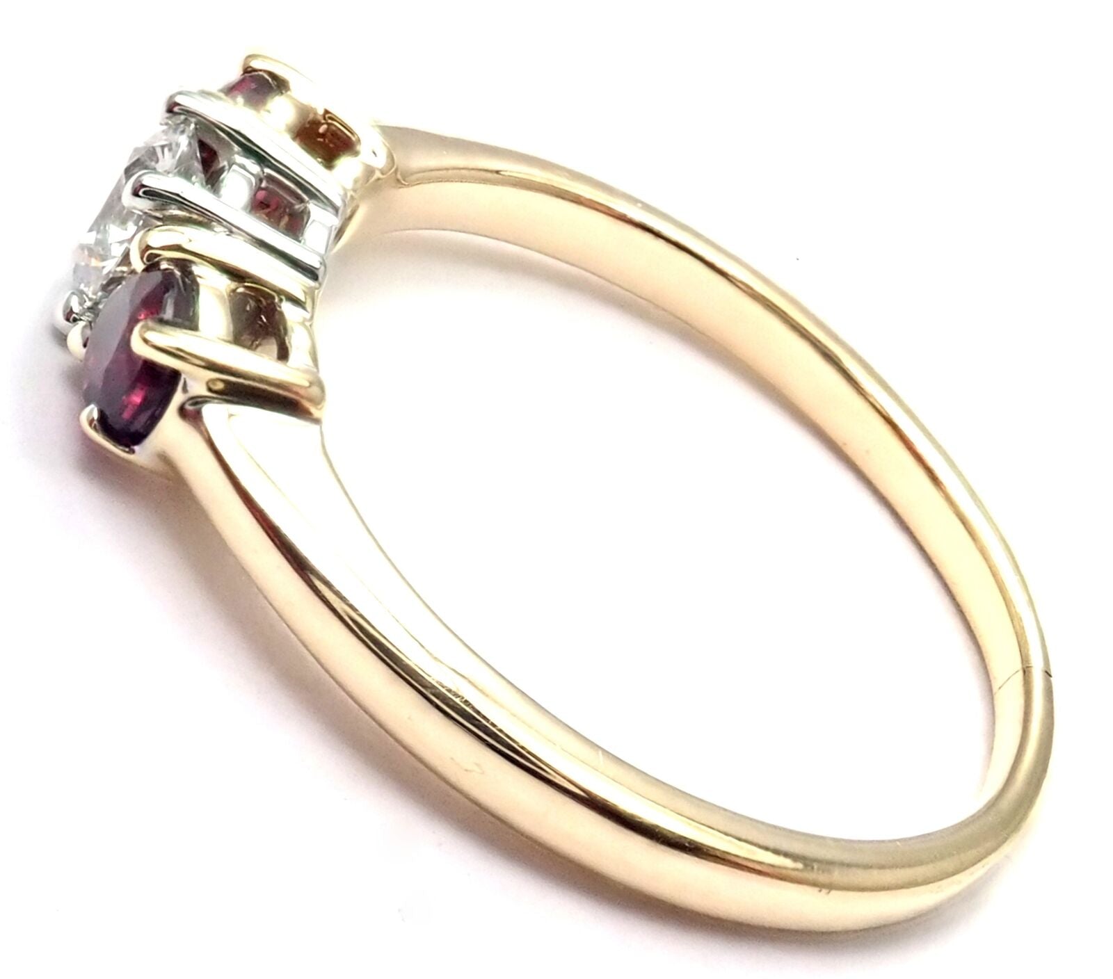 Authentic Tiffany & Co 18k Gold Platinum Three Stone Diamond Ruby Band Ring for Women - Elegant Wedding, Engagement & Anniversary Jewelry Gift