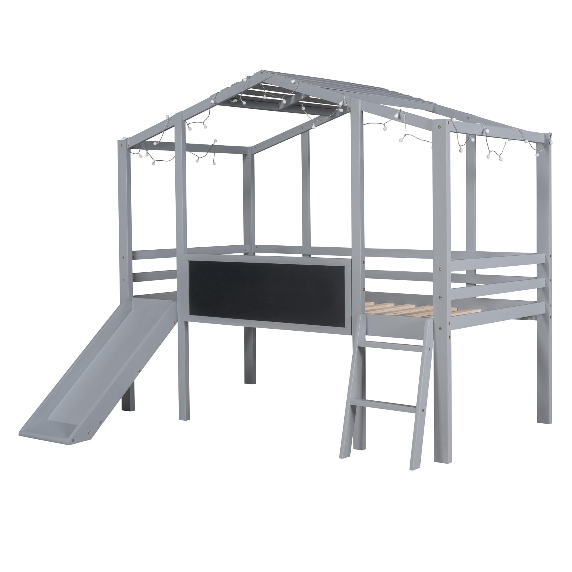 Harper & Bright Designs Twin Size Kids Loft Bed with Slide, LED Lights & Blackboard - Wood Playhouse Loft Bed with Ladder & Slats Support for Boys & Girls - Perfect for Small Bedrooms, Playrooms & Kids' Sleepovers (Gray)