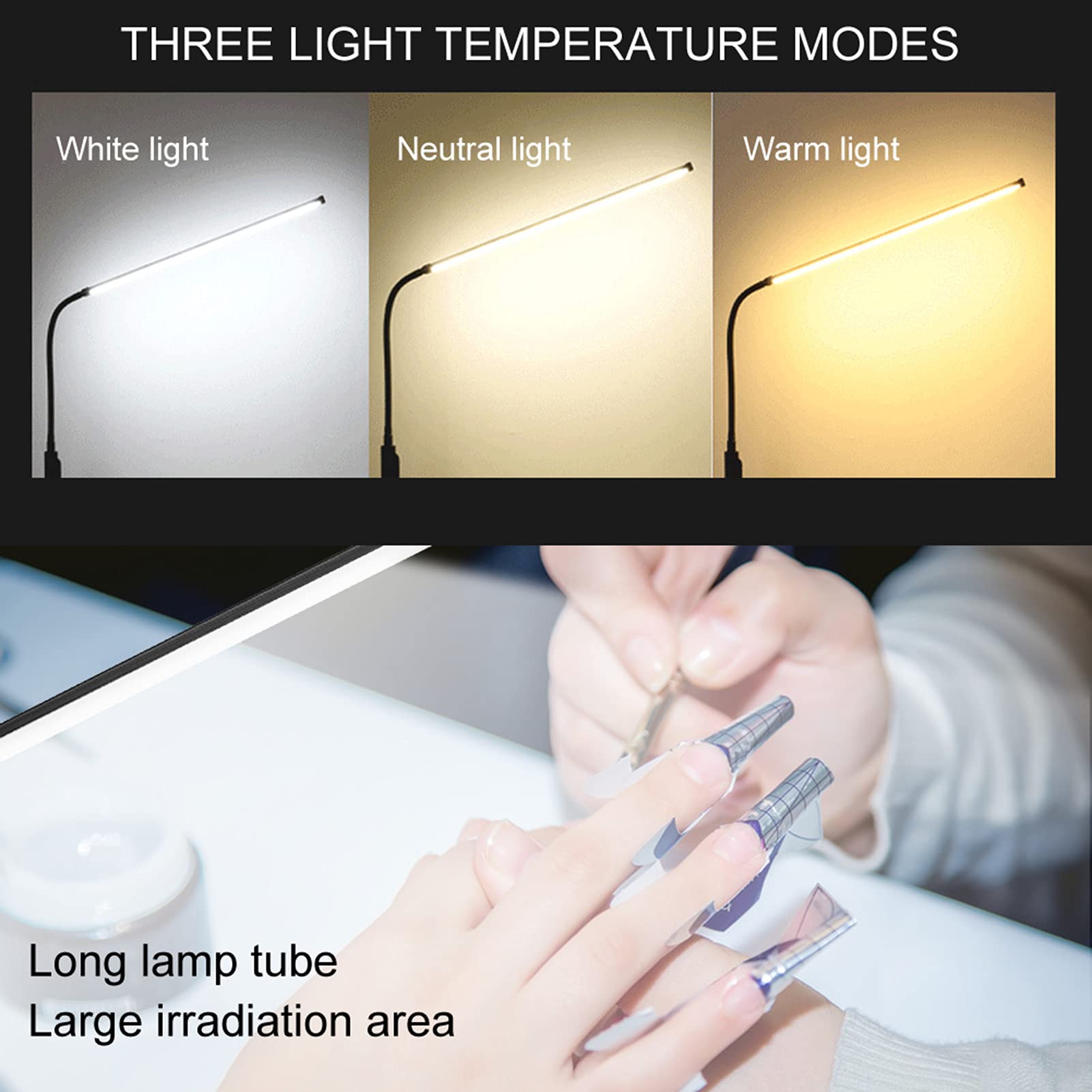 EXCLUZO Long Arm Desk Lamp with Multi-Angle Adjustment & Dimmable Light - 360° Flexible Bendable for Nail Art, Eyelash Extensions, Makeup, Reading & Office Work