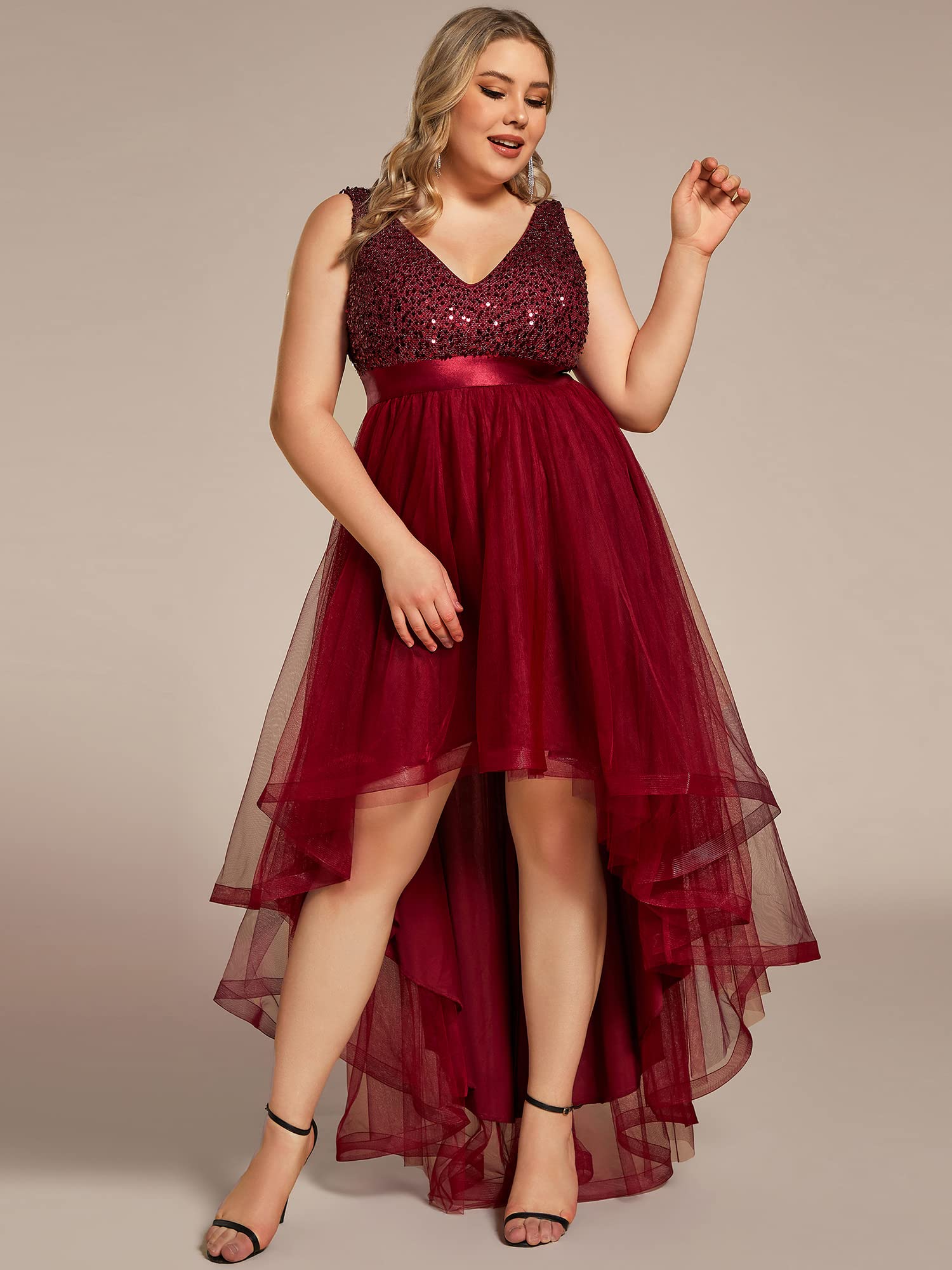 Ever-Pretty Women's Double V-Neck A-Line High-Low Sequin Tulle Plus Size Formal Dress for Curvy Women 0147A-DA | Elegant Evening Gown for Prom, Wedding Guest, Cocktail Party & Special Occasions