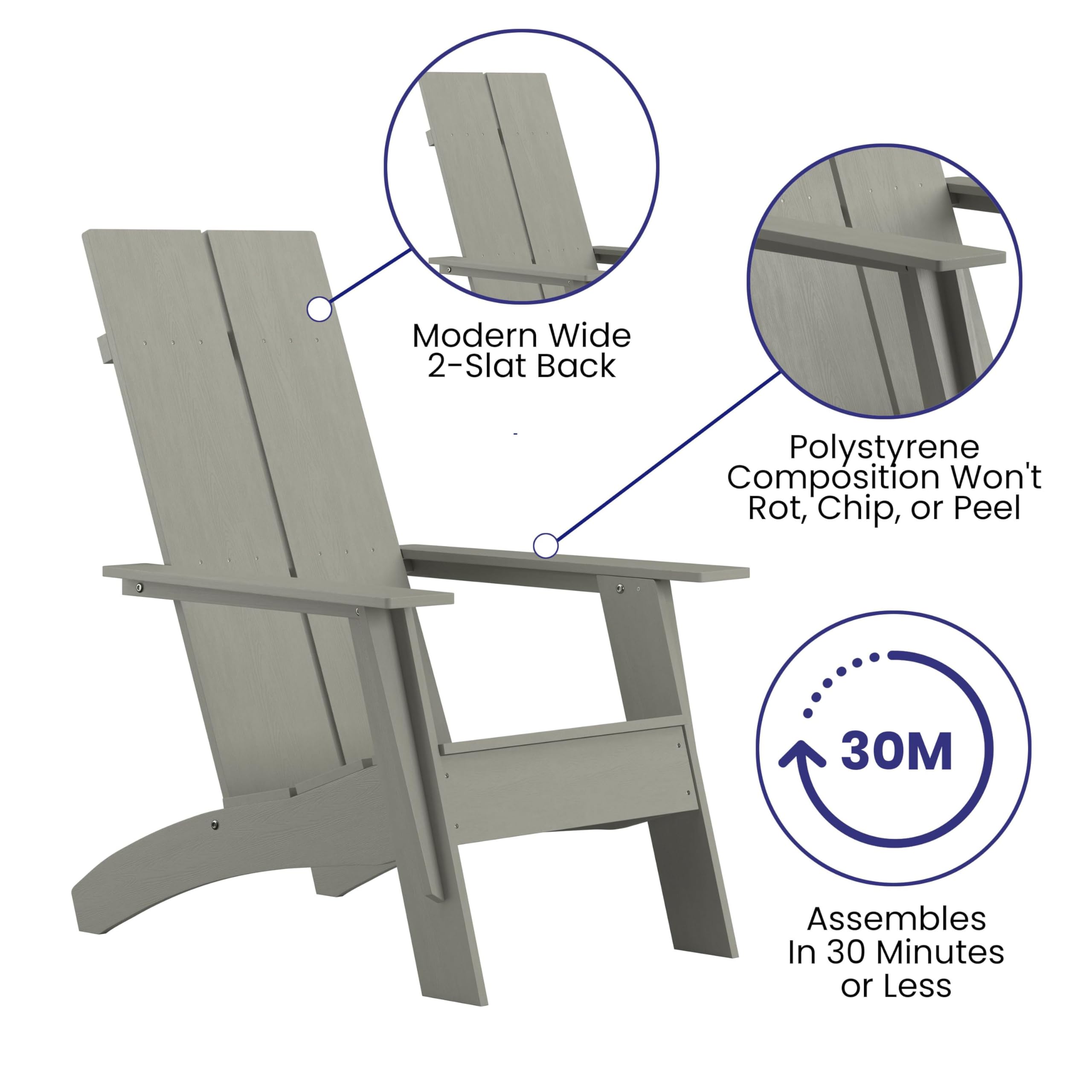 Set of 4 Modern 2-Slat Back Adirondack Chairs - Durable Gray All-Weather Poly Resin Outdoor Lounge Chairs for Patio, Garden, Poolside & Deck Relaxation