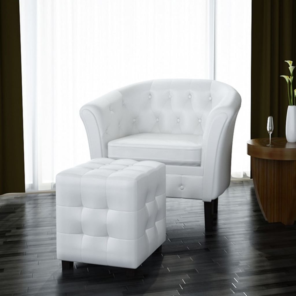 H.BETTER White Faux Leather Tub Chair with Footrest - Comfortable Armchair for Living Room, Dorm, Office & Lounge - Perfect for Relaxing, Reading or Watching TV