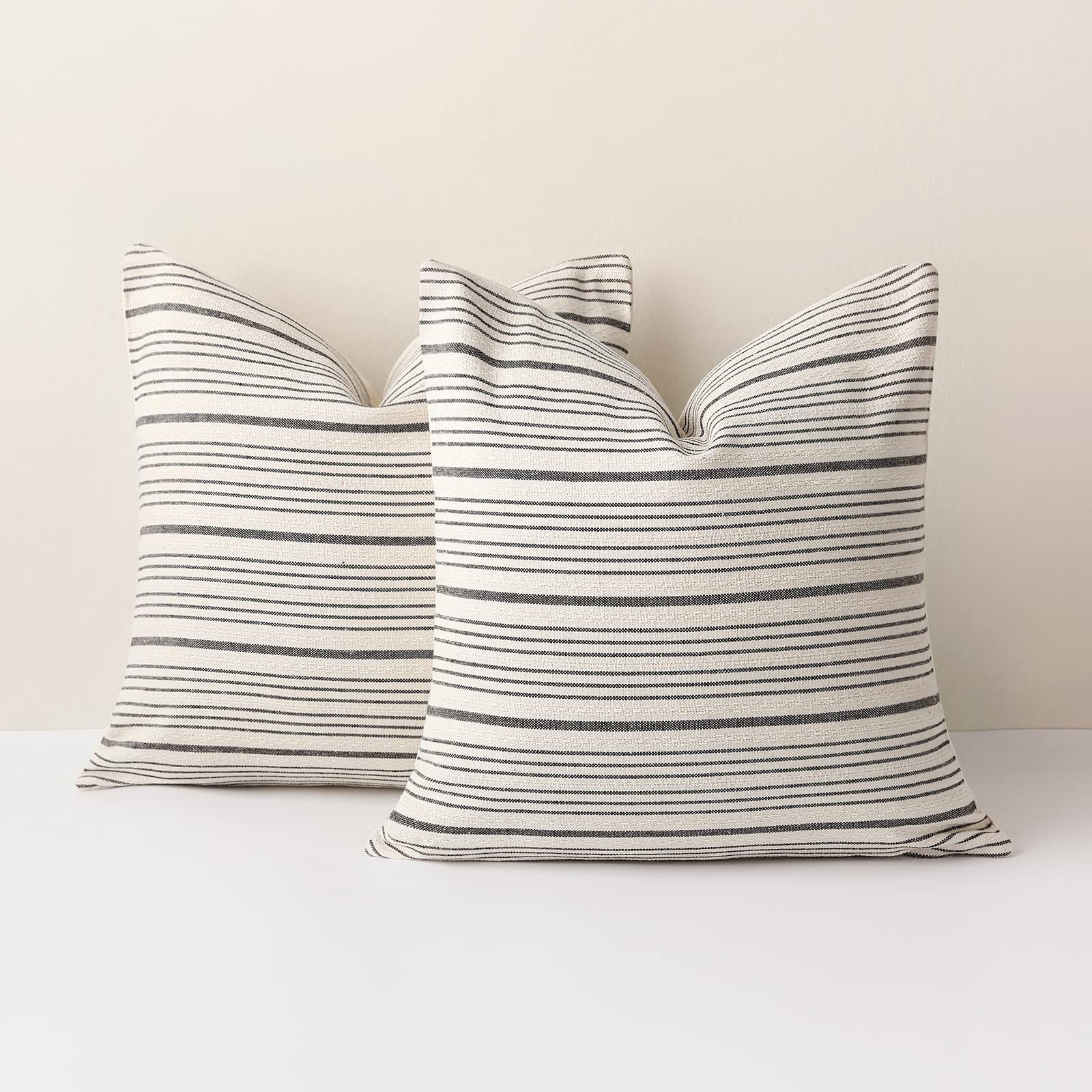 Premium 24x24 Inch Farmhouse Throw Pillow Covers Set of 2 - 100% Cotton Square Decorative Pillow Cases with Striped Linen Texture for Sofa, Couch, Chair & Bedroom Decor - Cozy Home & Living Room Accent Pillows