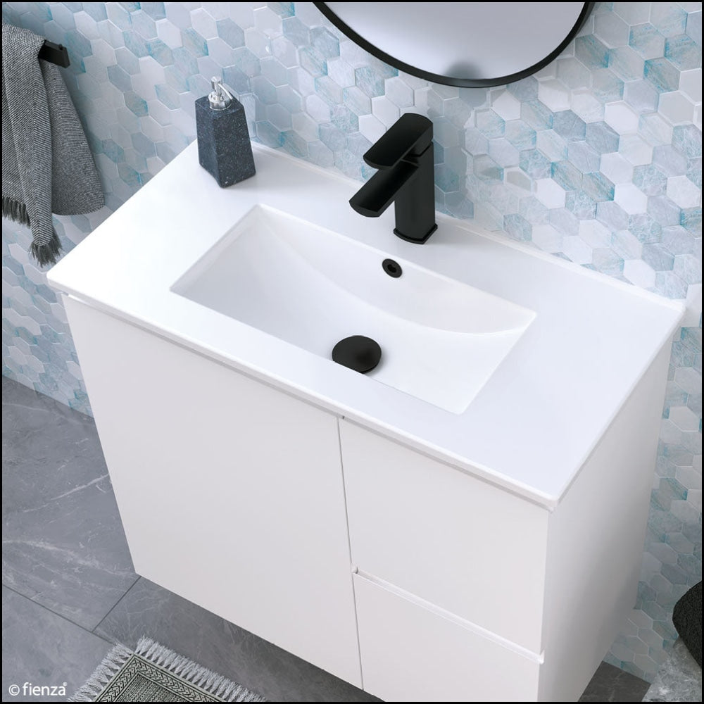 Fienza Siska 75DFKL 30-Inch Slim Bathroom Vanity Set with Left Drawers & Kickboard - Satin White Finish for Modern Bathrooms | Space-Saving Design for Small Bathrooms & Powder Rooms