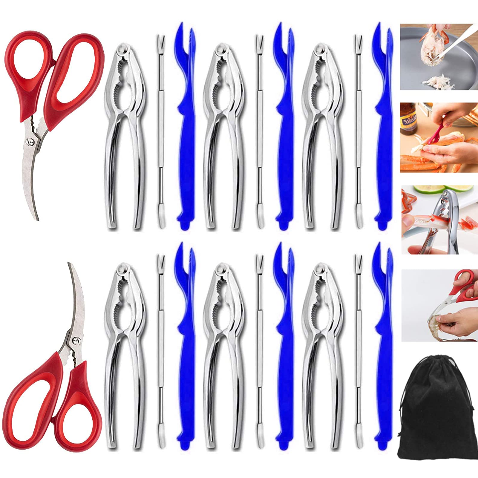 HOMOKUS 21-Piece Seafood Cracking & Shelling Tool Set - 6 Crab Leg Crackers, 6 Lobster Forks, 6 Crab Forks, 2 Seafood Scissors with Storage Bag - Perfect for Crab Legs, Lobster, Shrimp & Shellfish Parties