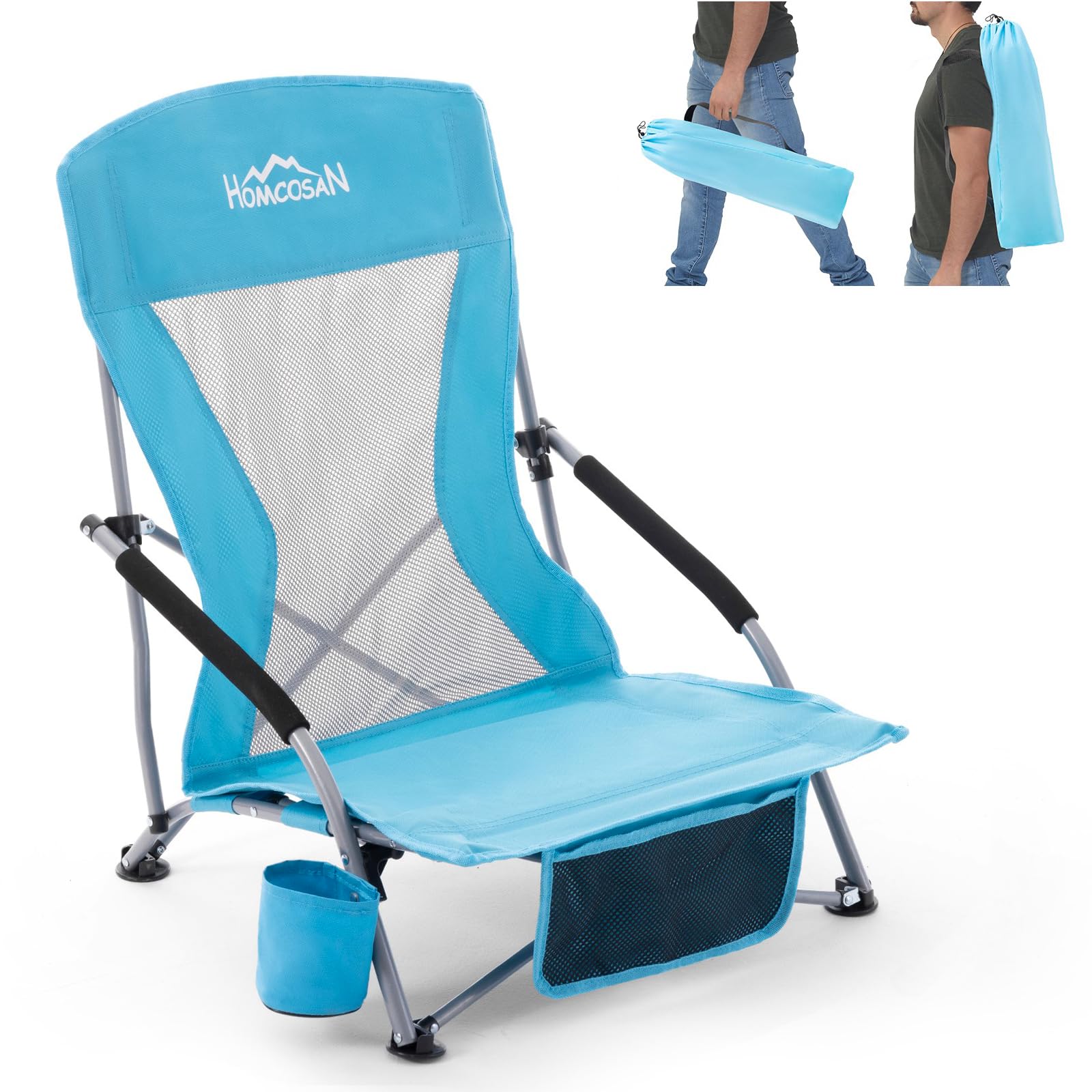 Homcosan Low Folding Beach Chairs for Adults - Portable Lightweight Sling Chair with Cup Holder & Mesh Back, Compact Foldable Design with Carry Bag - Perfect for Outdoor, Lawn, Camping, Concert & Travel (Blue)