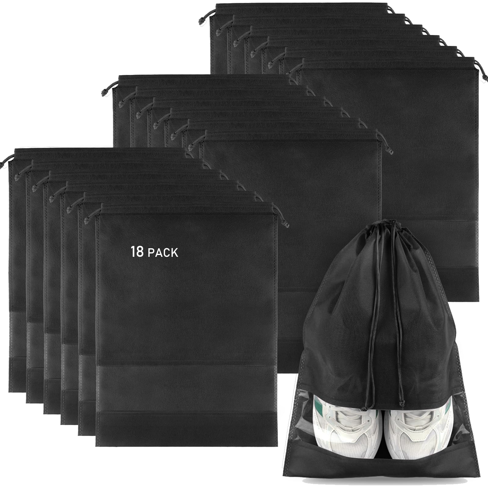 18 Pack Large Clear Window Shoe Bags for Travel - Dustproof Drawstring Shoe Storage Organizers for Men & Women (Black) | Perfect for Packing Shoes, Gym Bags & Suitcase Organization