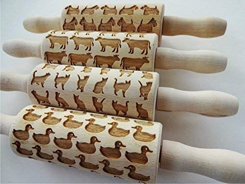 4-Piece Wooden Laser Cut Mini Rolling Pin Set for Kids - Cookie, Play Dough, Salt Dough & Clay - Laser Engraved Embossing Patterns (Choose Your Design) - Perfect for Baking, Crafts & DIY Homemade Cookies