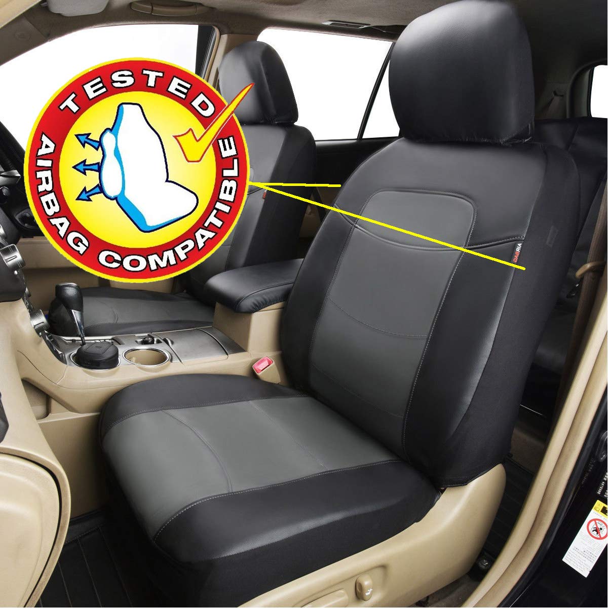 Premium Leather Car Seat Covers for 2 Front Seats - Waterproof, Black with Gray (Middle Gray) - Perfect for SUVs, Trucks & Sedans - Protects Seats from Spills, Pets & Wear