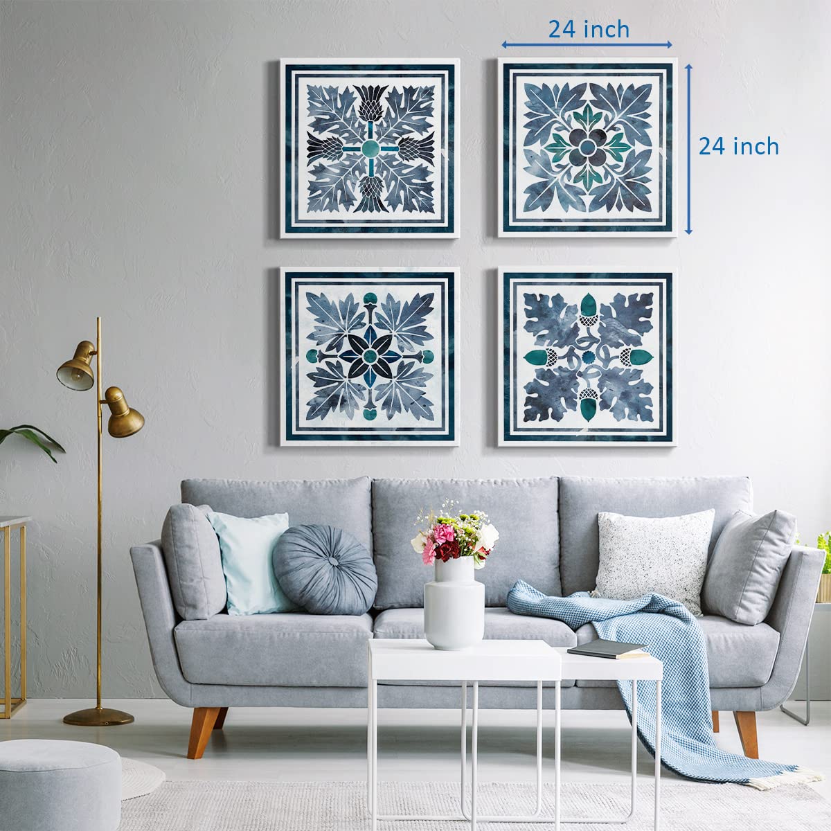 Abstract Flower Wall Art Prints - Blue Nature Inspired Canvas Painting Set of 4 (24x24 inch Each) - Modern Home Decor for Bedroom, Living Room & Bathroom | Perfect for Boho, Scandinavian & Contemporary Interior Design Styles