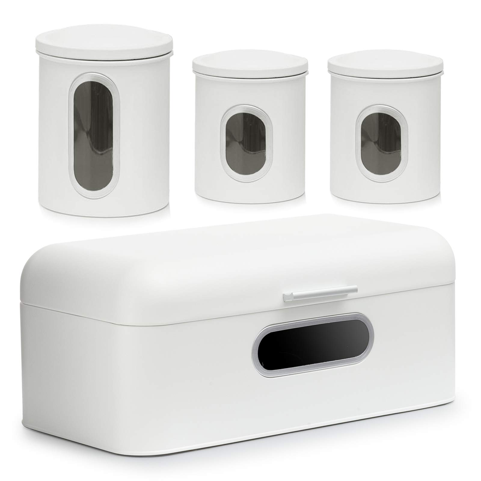 Deppon Stainless Steel Bread Box with Clear Window & 3-Piece Airtight Food Storage Canisters Set - Large Capacity Kitchen Counter Organizer for Bread, Cookies, Flour, Sugar | Perfect for Pantry, Bakery & Home Kitchen Organization
