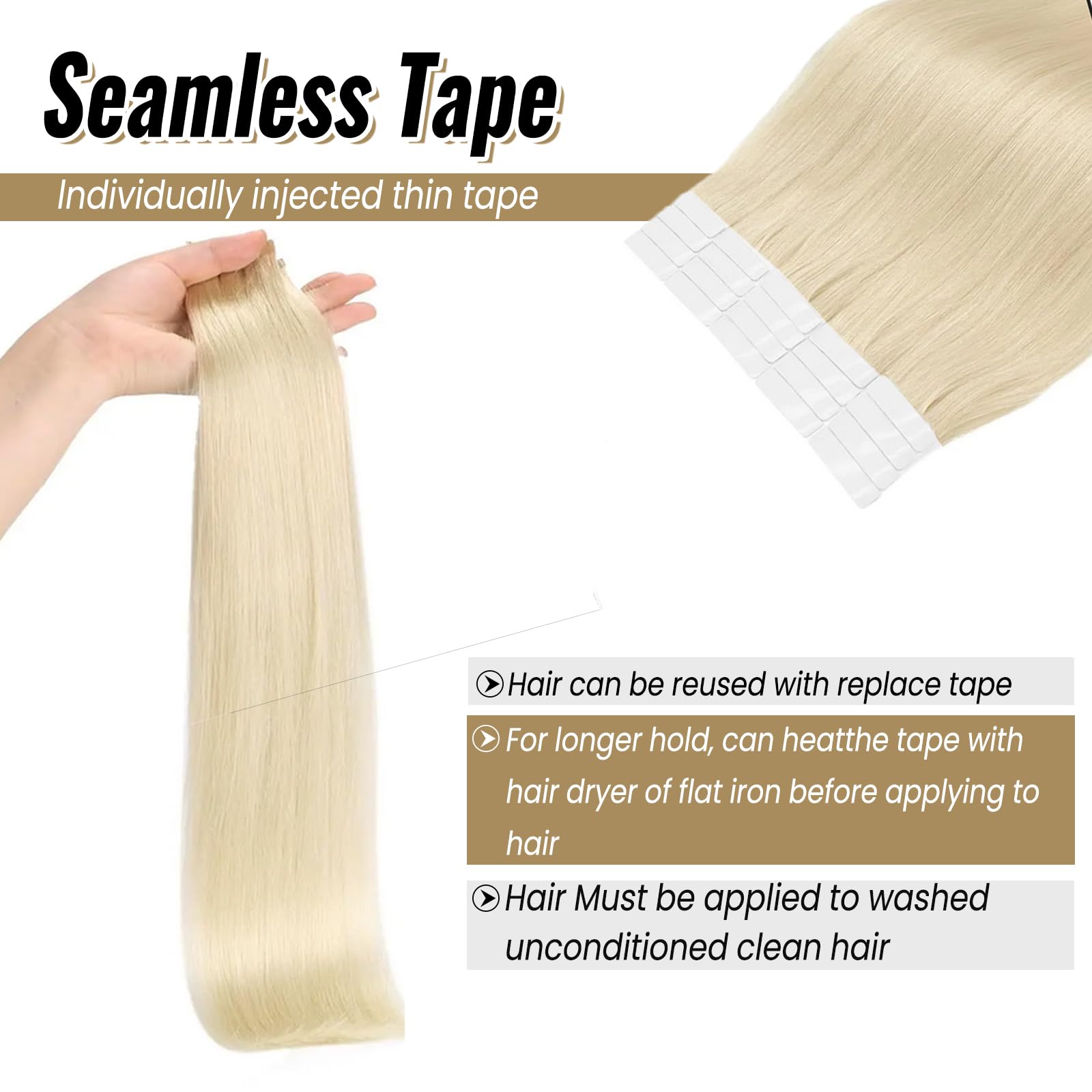 Munx 16Inch 30g 20PCS Platinum Blonde Remy Human Hair Tape Extensions - Real Hair Skin Weft for Volume & Length - Perfect for Parties, Weddings & Daily Styling