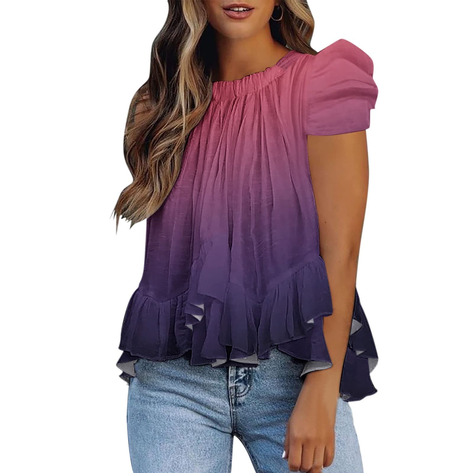 Elegant Women's Ruffled High Neck Blouse - Flowy Pleated Puff Short Sleeve Tunic Top for Summer | Office Wear, Date Night & Special Occasions