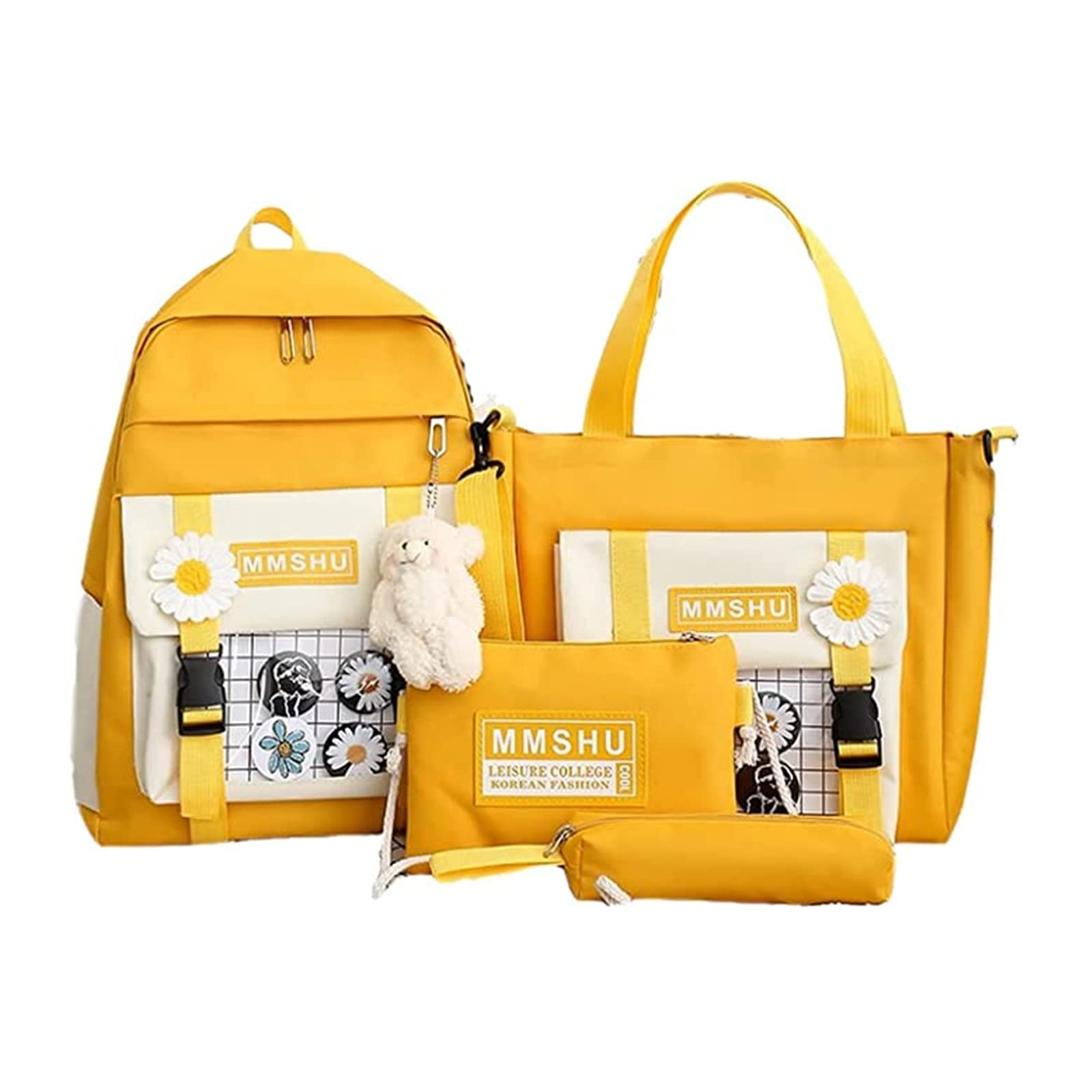 4Pcs Kawaii Backpack Set - Cute Canvas Bookbag with Teddy Bear Pendant, Combo Set with Bear Pendant Handle Shoulder Tote Bag (Yellow) | Perfect for School, Travel, and Daily Use