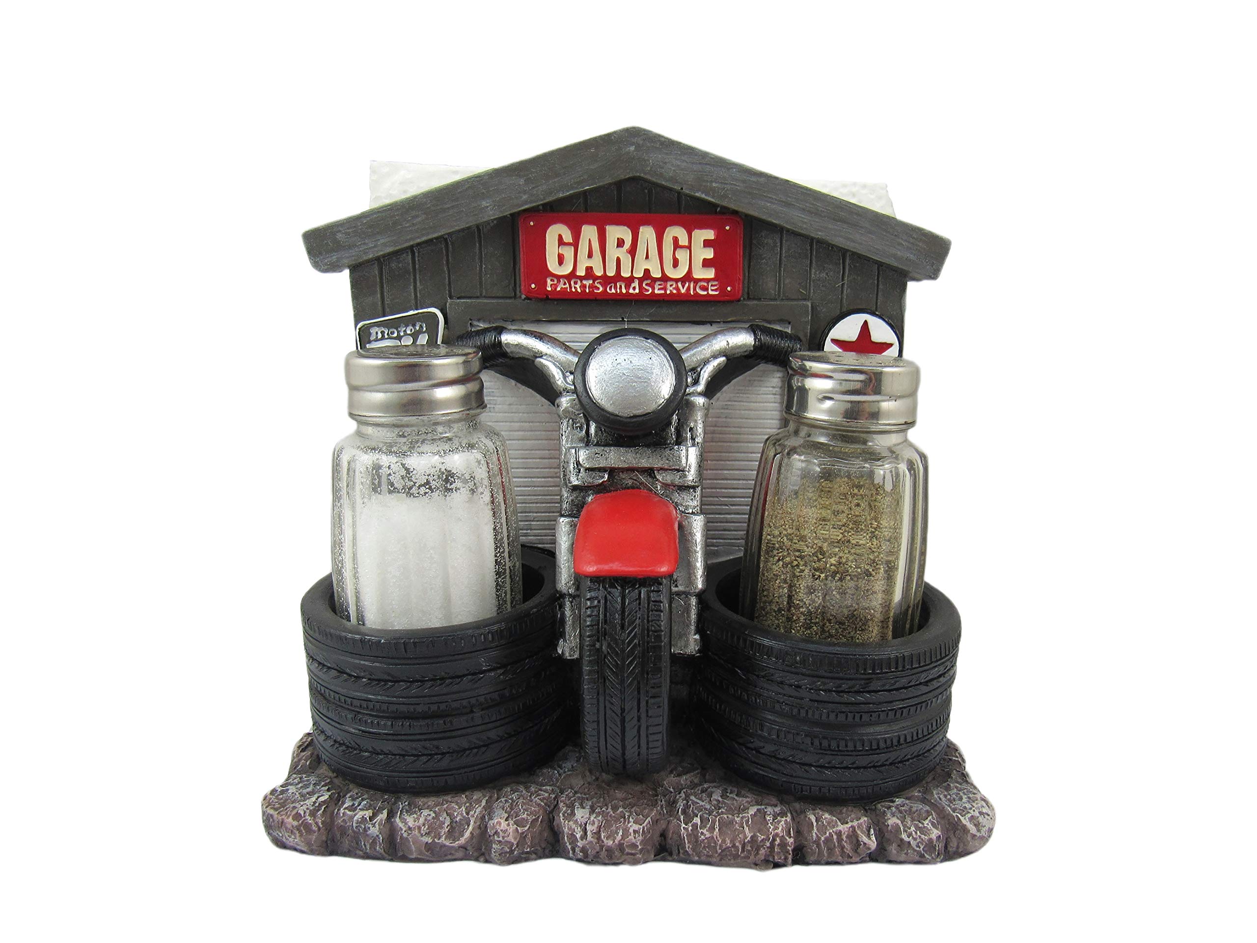 DWK 'Cycle Service' Motorcycle-Themed Napkin Holder & Salt & Pepper Shaker Set - 3-Piece Kitchen Table Decor for Biker Enthusiasts | Perfect for Motorcycle-Themed Parties, Man Caves & Roadhouse Restaurants