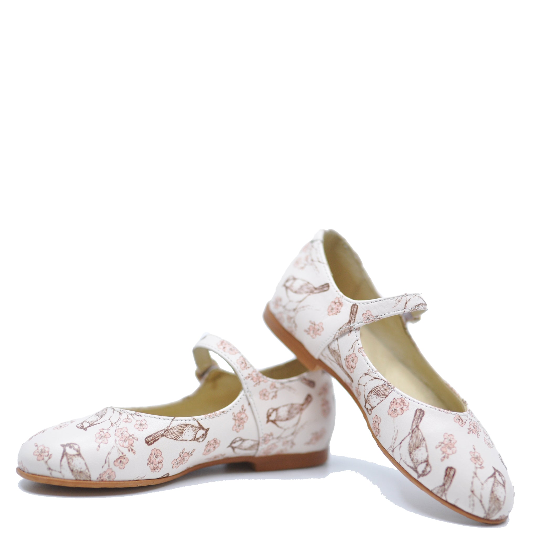 Blublonc Pink Bird Print Mary Jane Shoes for Girls - Cute Floral Animal Print Ballet Flats for Toddlers & Kids - Perfect for School, Parties & Everyday Wear