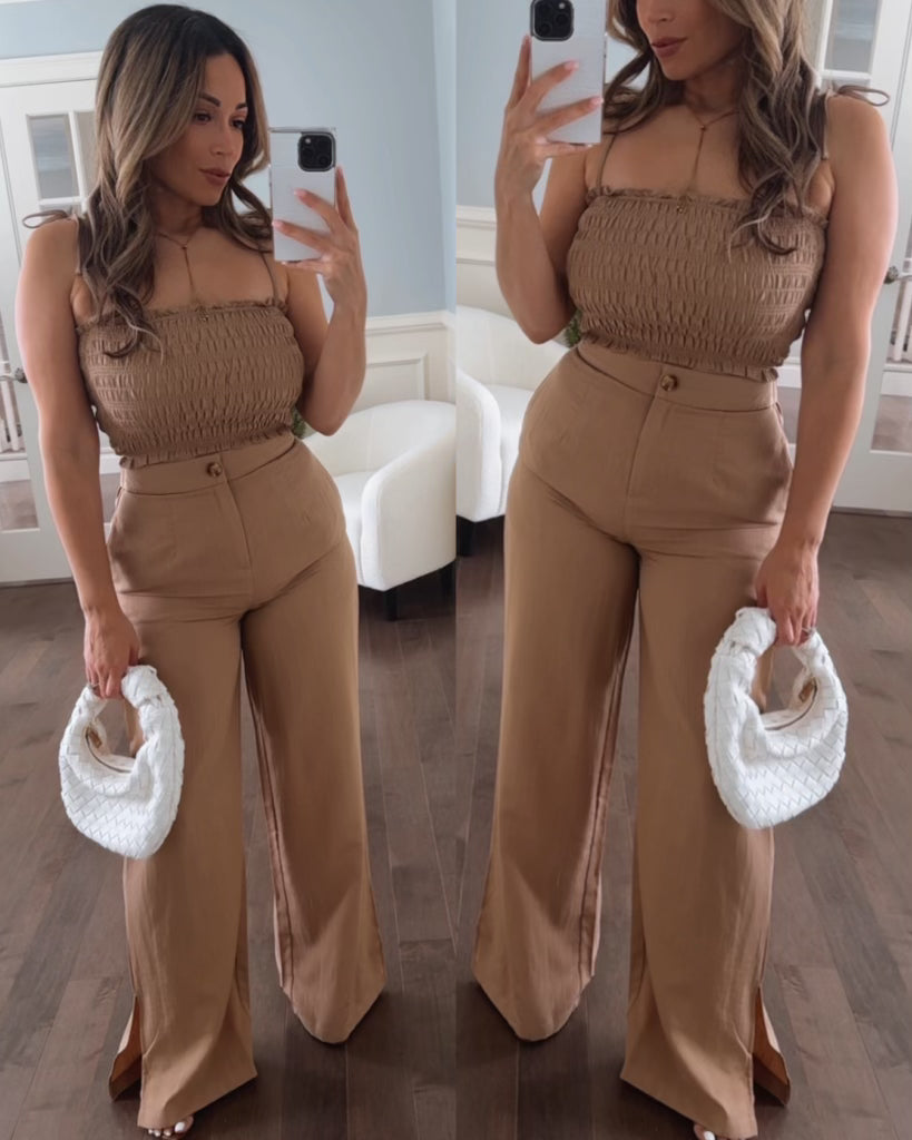 Kimmy Women's Wide Leg Pants Set - Olive Green Casual Lounge Outfit for Yoga, Travel & Everyday Comfort