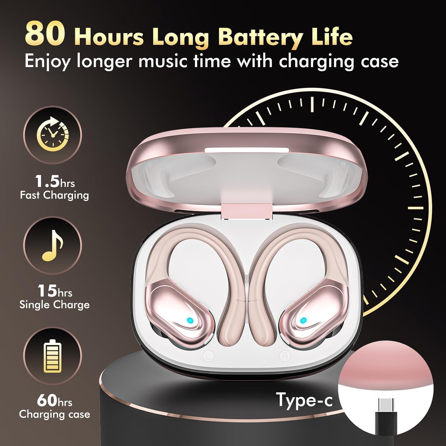 Wireless Bluetooth Earbuds with Earhooks - 80H Playtime, ENC Noise Cancelling, IP7 Waterproof - HD Mic Stereo Sport Headphones for Running, Workout, Gym & Outdoor Activities (Rose Gold)